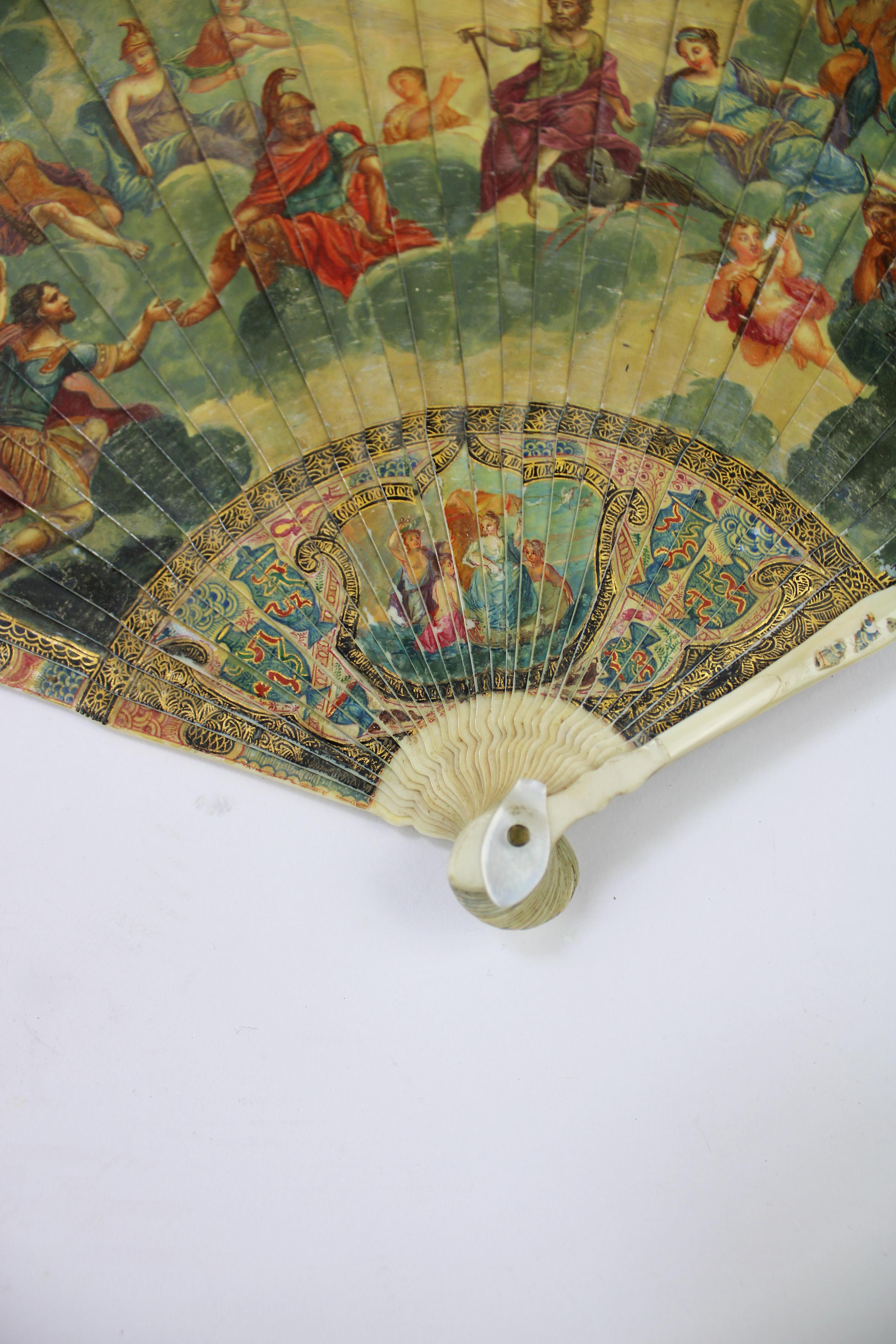 18th Century Brisé Fan Vernis Martin Handpainted Mount Olympus Bone Nacre France For Sale 2