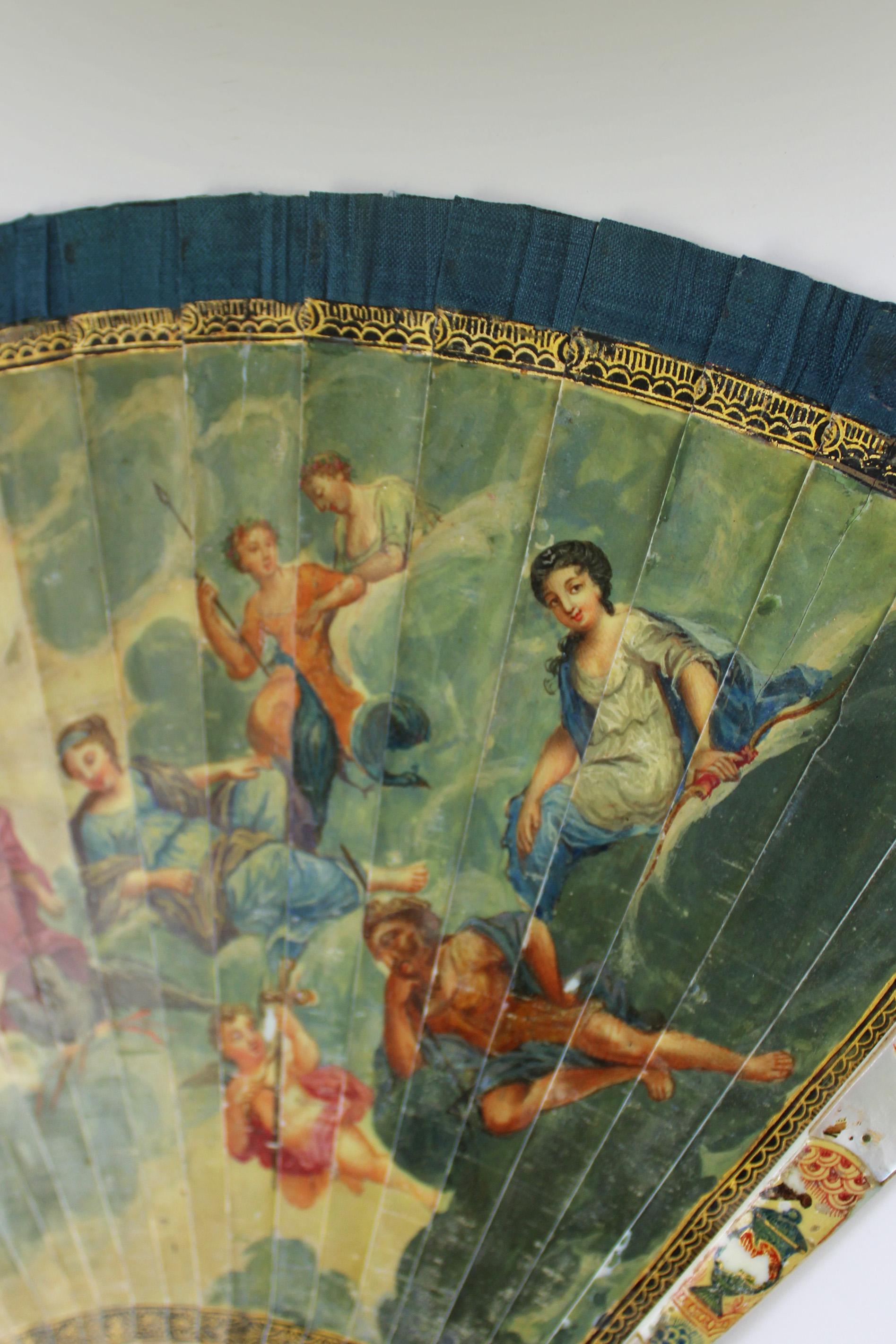 18th Century Brisé Fan Vernis Martin Handpainted Mount Olympus Bone Nacre France For Sale 3