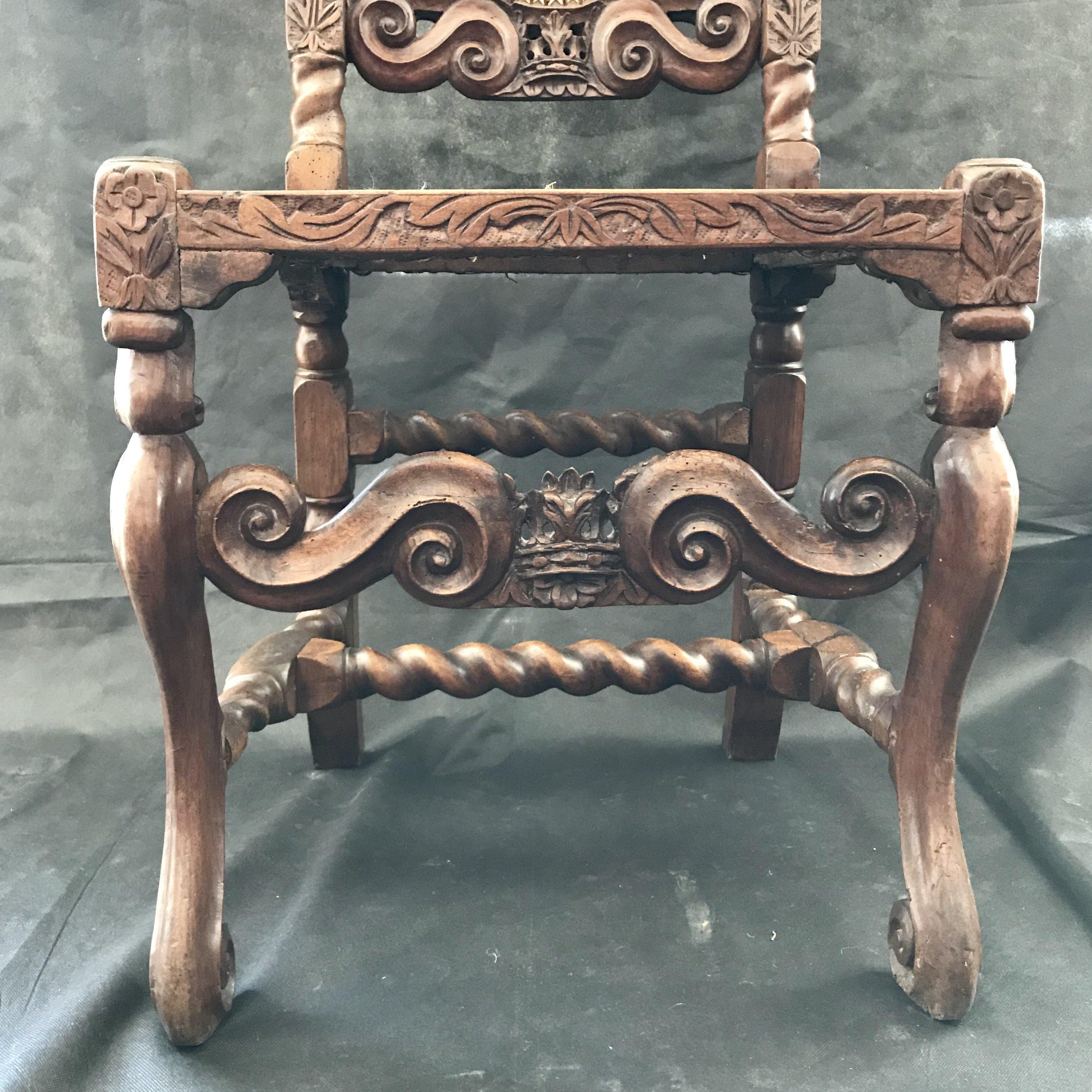 Jacobean 18th Century British Barley Twist Carved Caned Chair