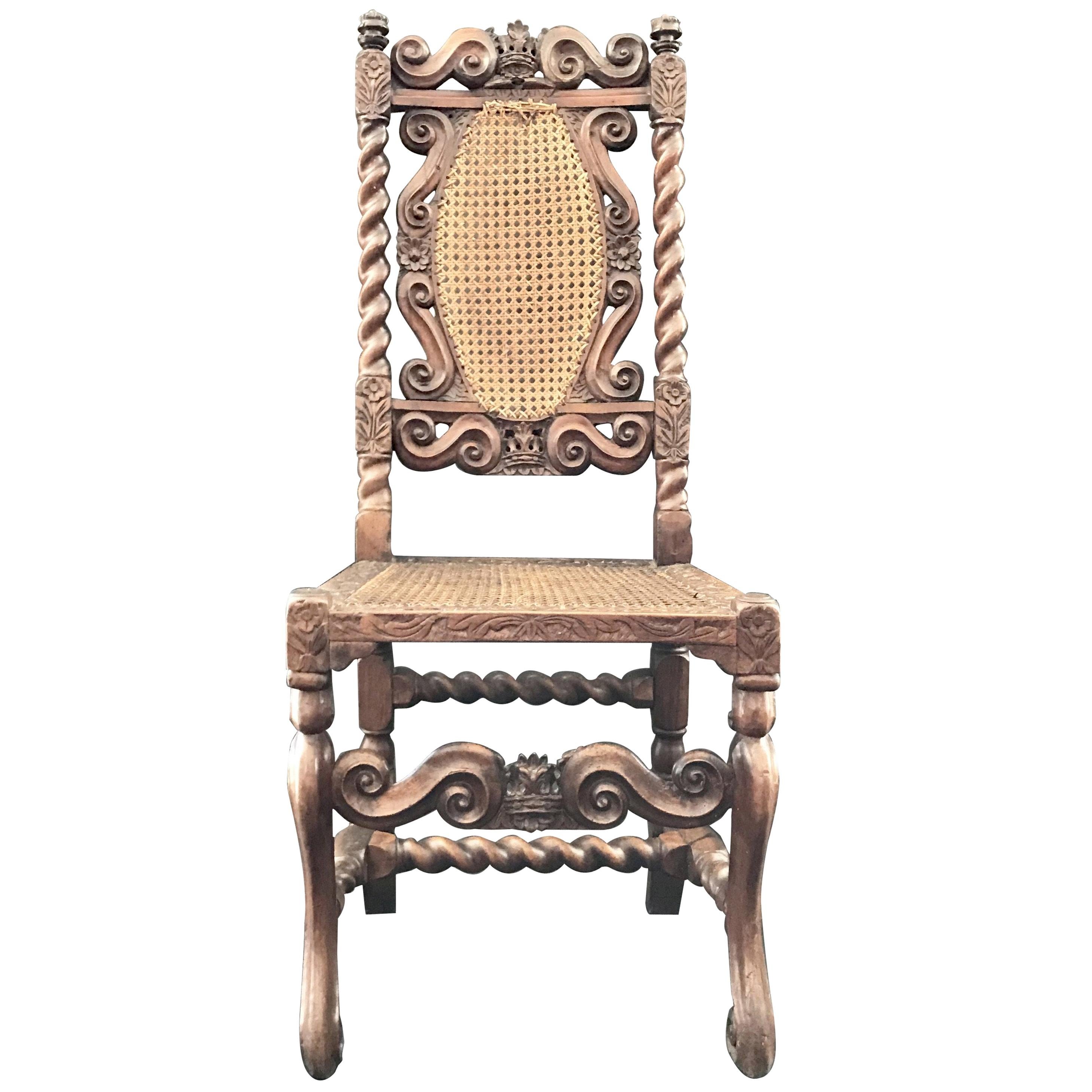 18th Century British Barley Twist Carved Caned Chair