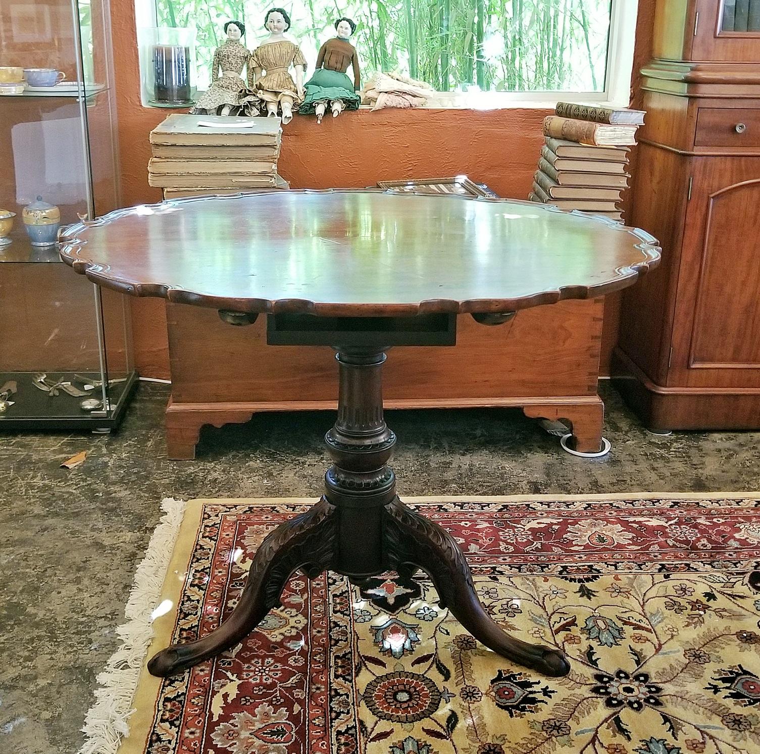 Presenting an absolutely gorgeous 18th century…..George III………English Mahogany Pie Crust tilt-top tea table.
The natural Patina on this table is simply lovely.
Made circa 1760-1780….beautifully hand carved.

The table top consists of one piece