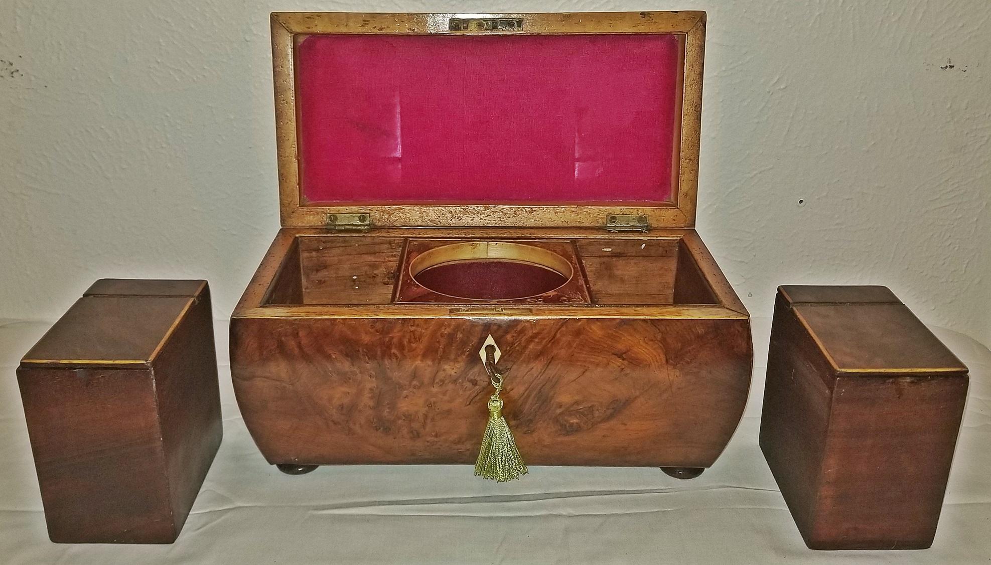 18th Century British Regency Sarcophagus Shaped Burl Yew Double Tea Caddy In Good Condition In Dallas, TX