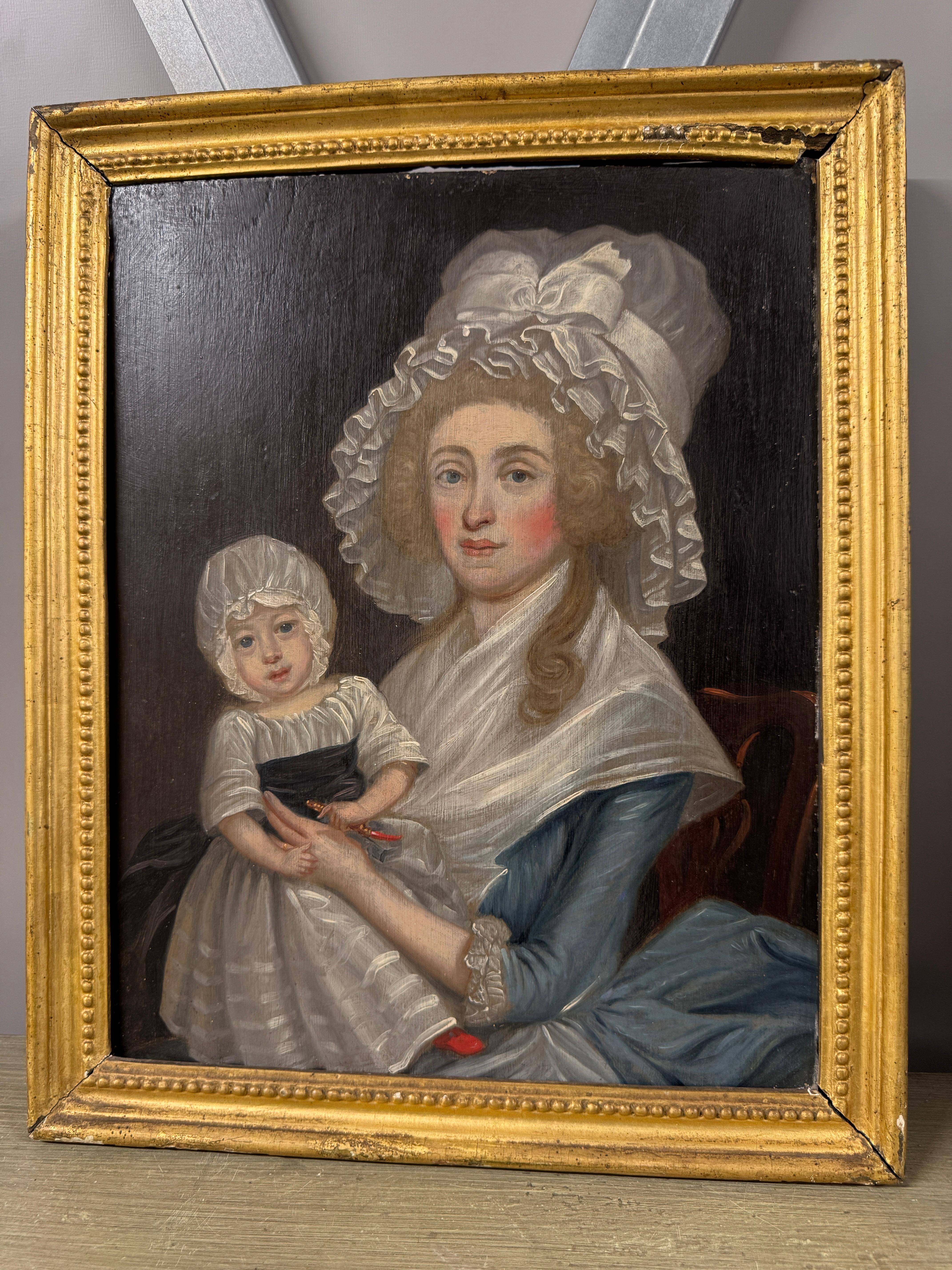 Siglo XVIII Escuela Británica, Retrato de Dama y Niño Madera en venta
