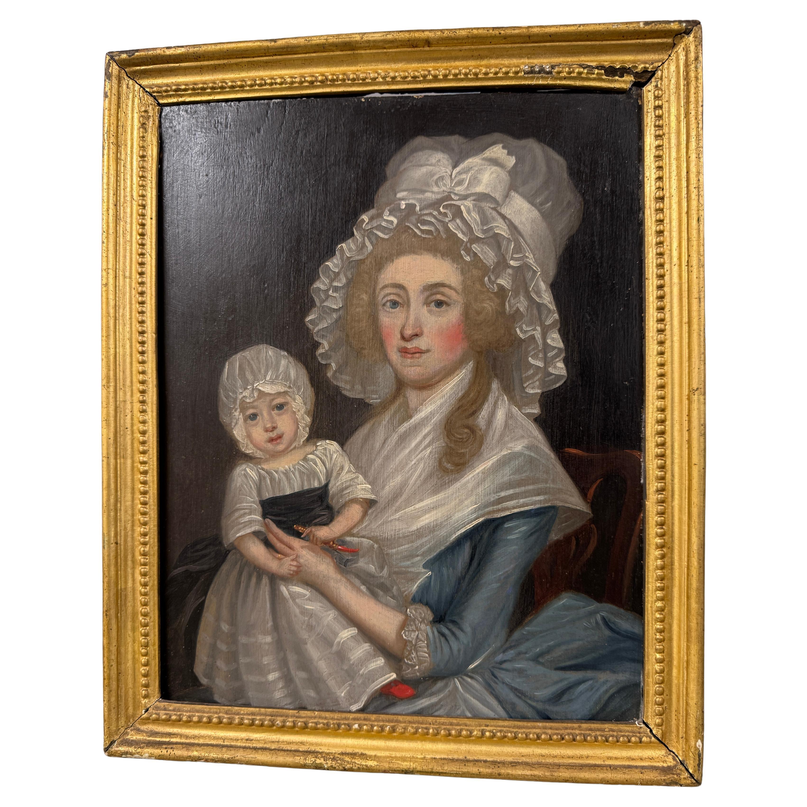 Siglo XVIII Escuela Británica, Retrato de Dama y Niño en venta
