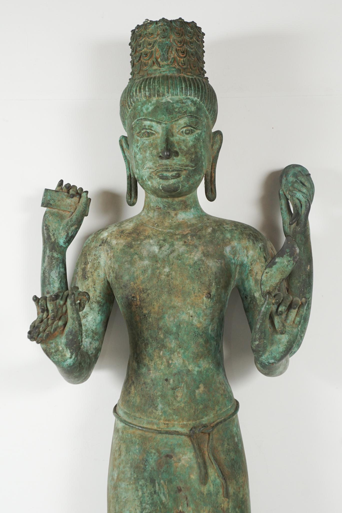 Cambodian Monumental Bronze Khmer-Style Figure of Avalokiteshvara