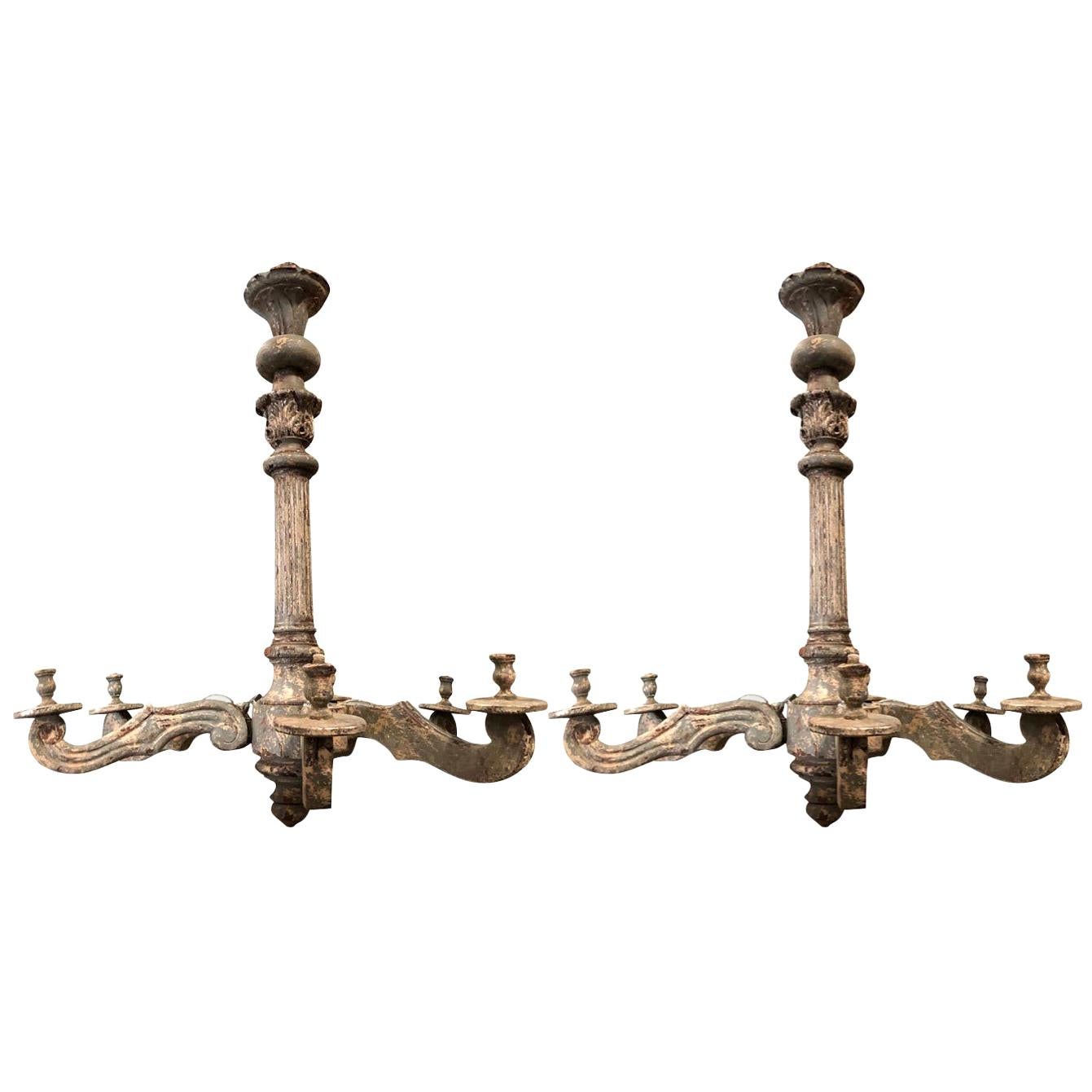 18th Century Italian Pair of Large Lustres Piemontese - Antique Wood Chandeliers For Sale