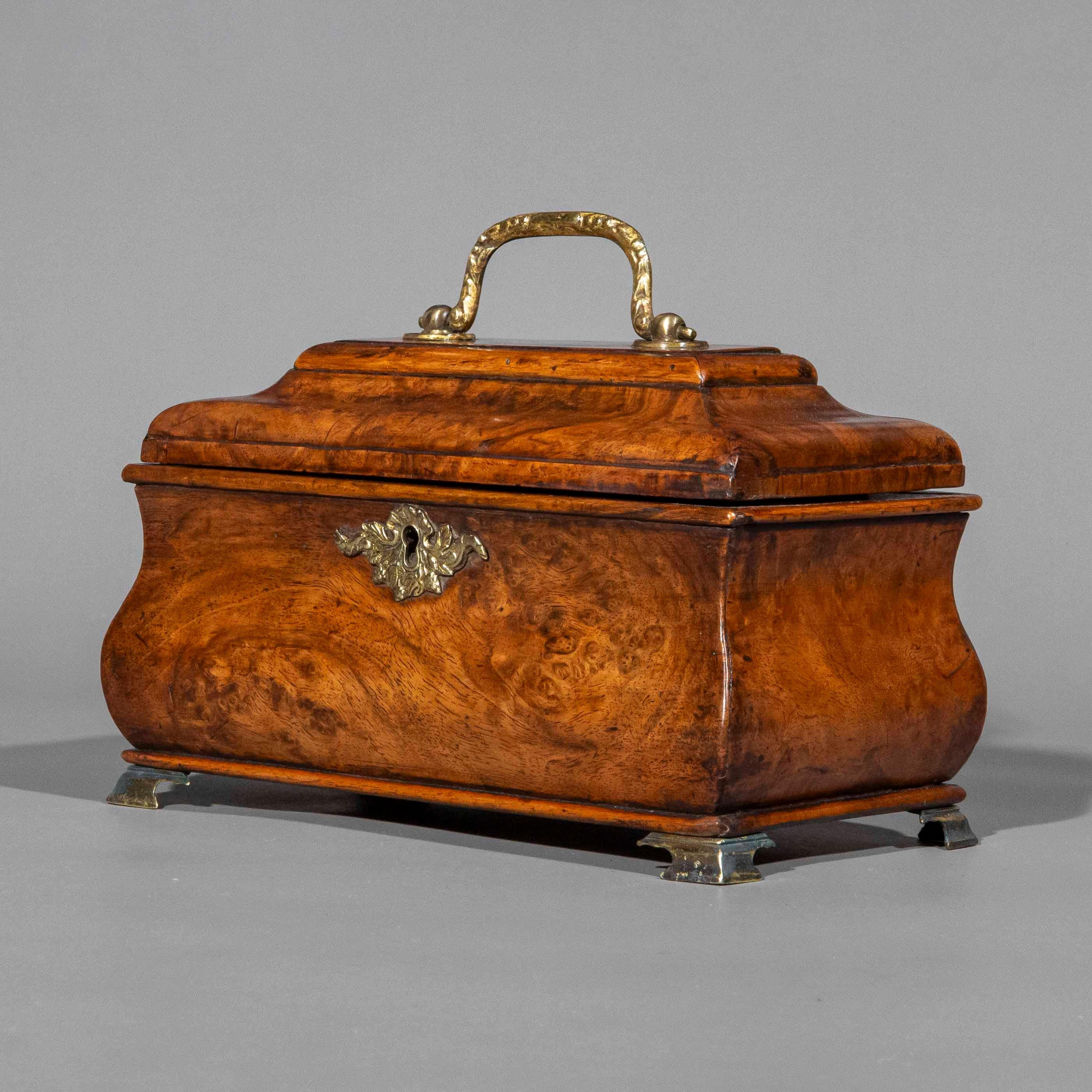 Brass 18th Century Burl Walnut Tea Caddy For Sale