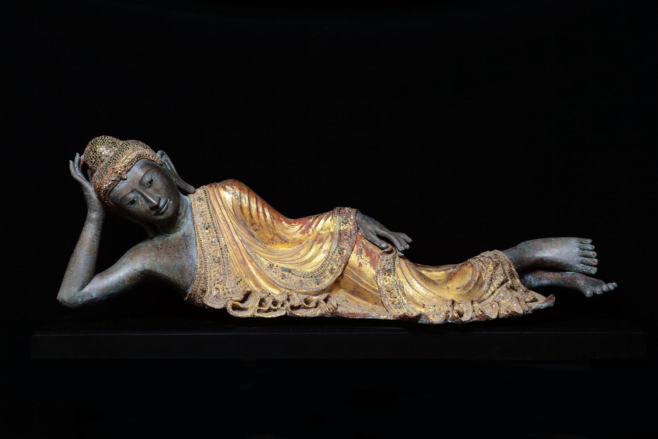 Forged 18th Century, Burmese Gilt Bronze Reclining Buddha