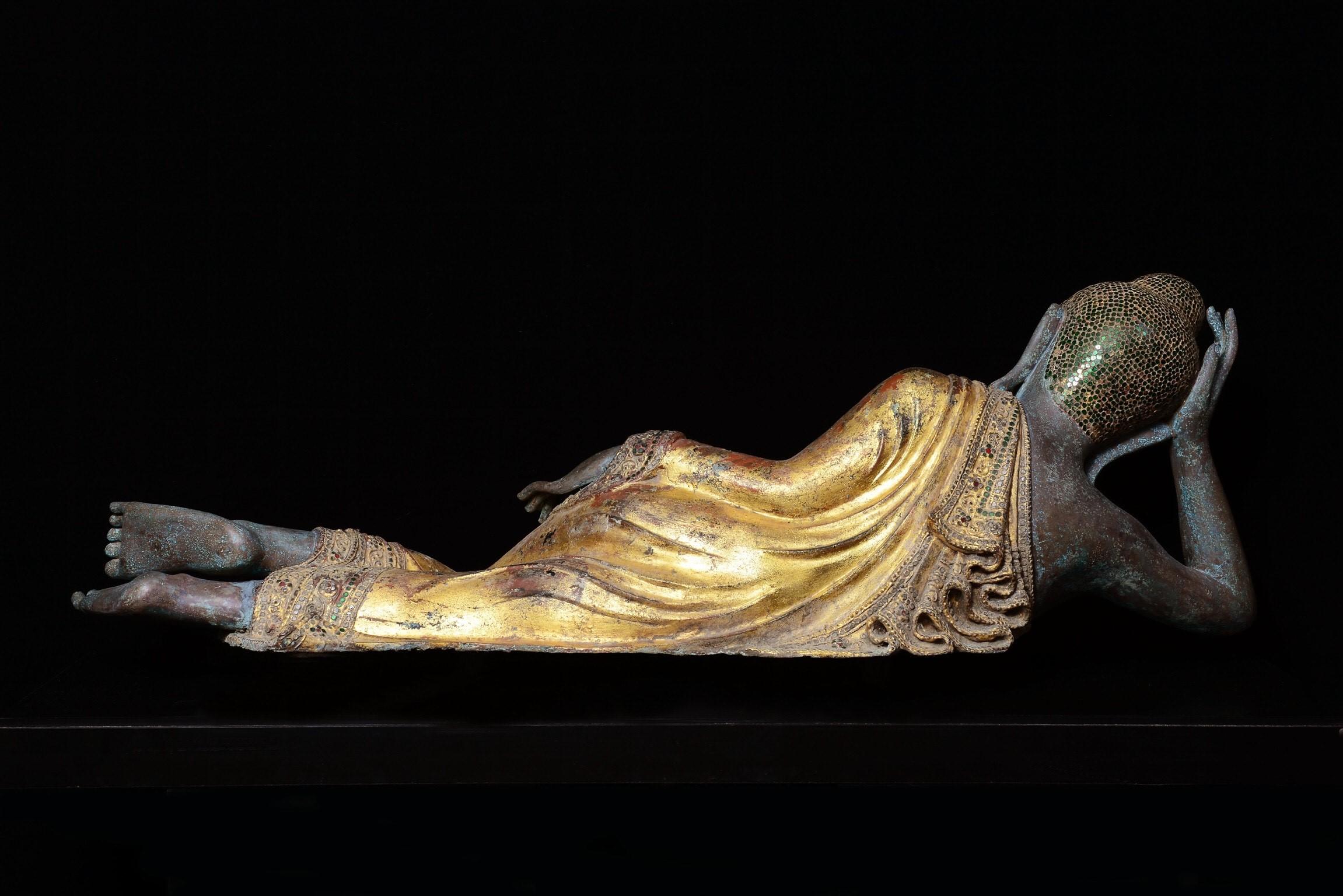 18th Century, Burmese Gilt Bronze Reclining Buddha 1
