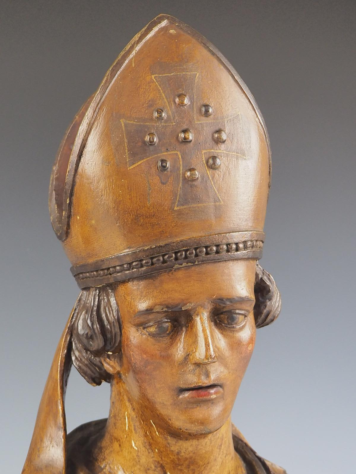 Polychromed 18th Century Bust of a Bishop finished in polychrome.   For Sale