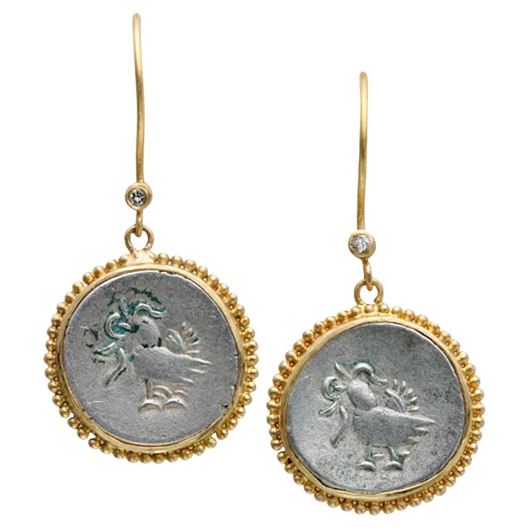 18th Century Cambodia Hamsa Bird Coin Diamonds 18K Gold Earrings  For Sale