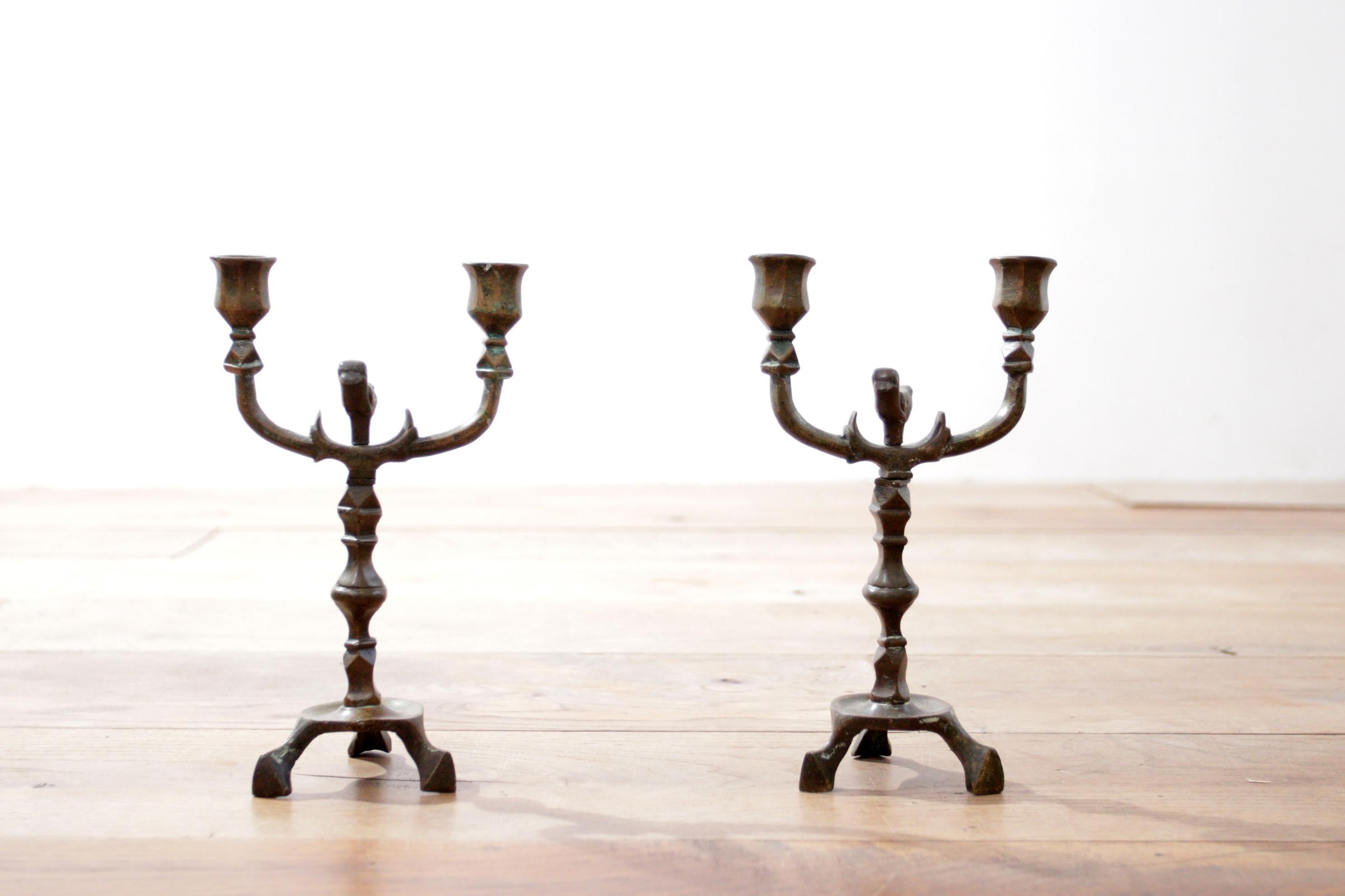 Medieval 18th Century Candlesticks Bronze with Birds For Sale
