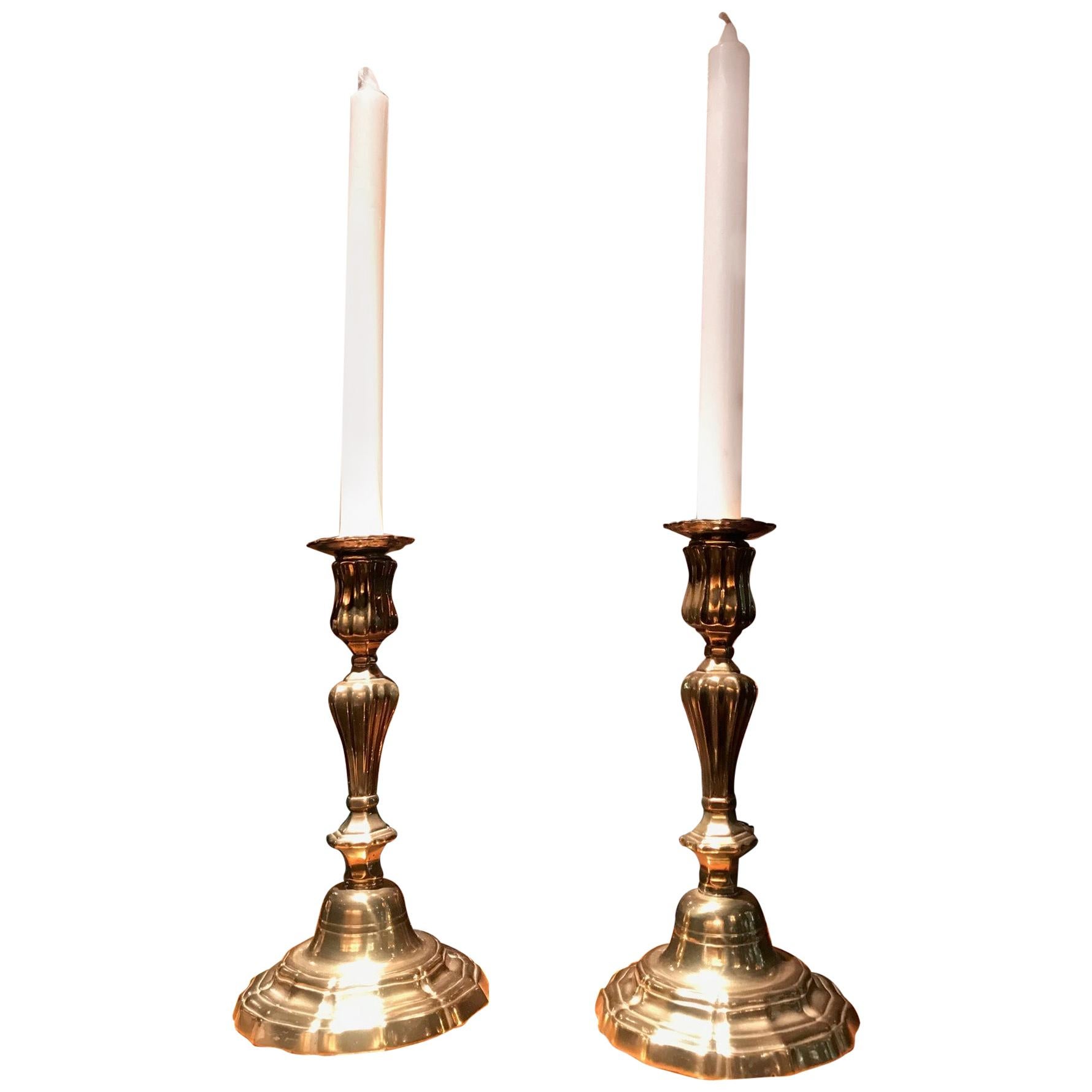 Pair 18th Century Candlesticks Candleholder Light in Brass Antique Gift Object For Sale
