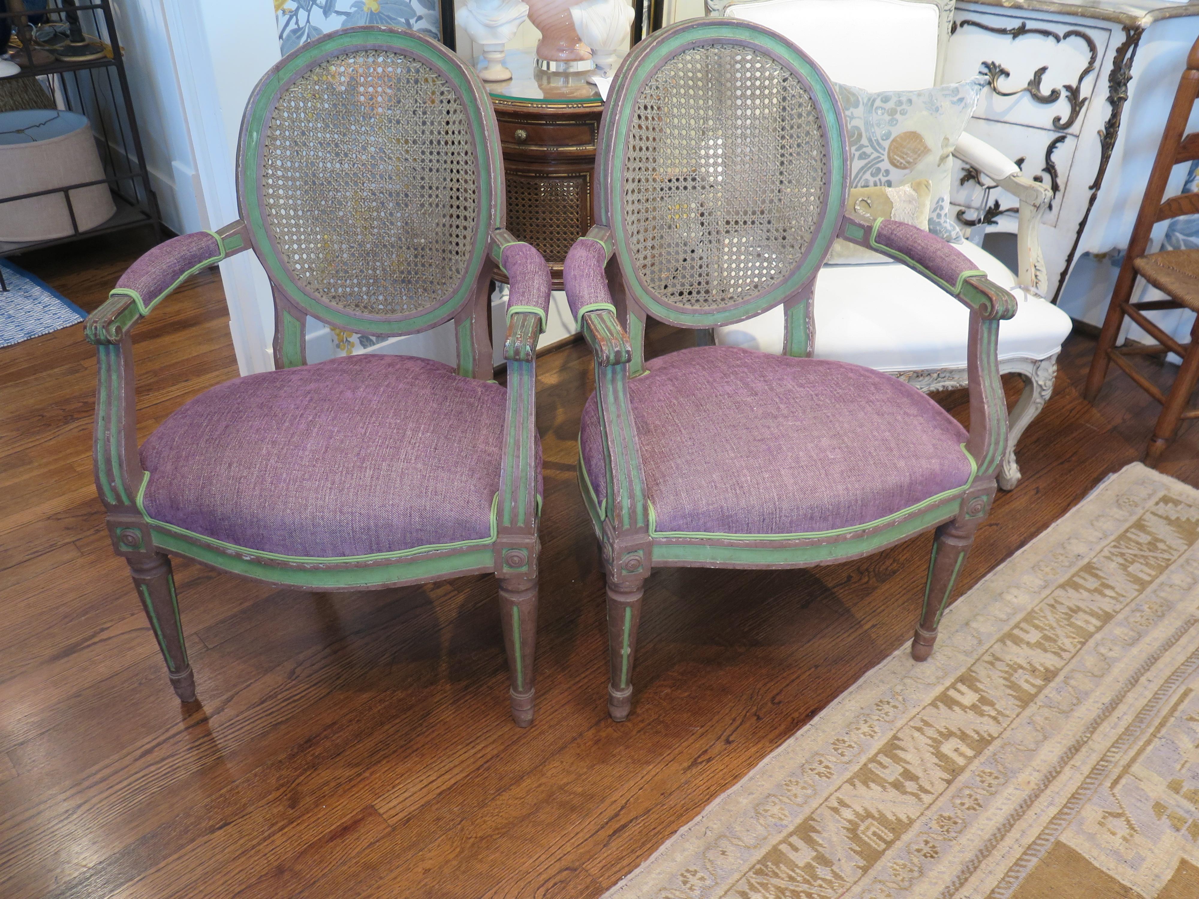 18th century caned chair with original frame finish. Chair is newly upholstered. We have 2 of these chairs.
Chairs are priced individually.