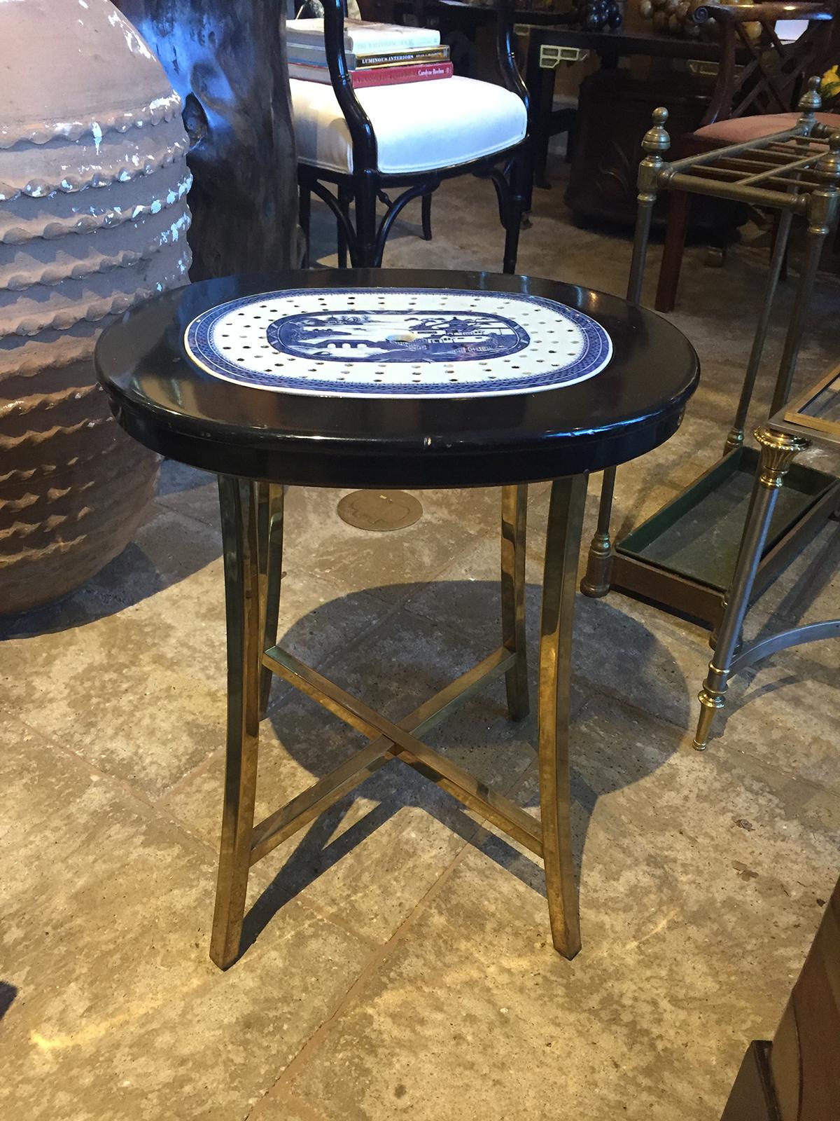 18th century canton blue & white porcelain strainer as custom made oval side table with brass legs.