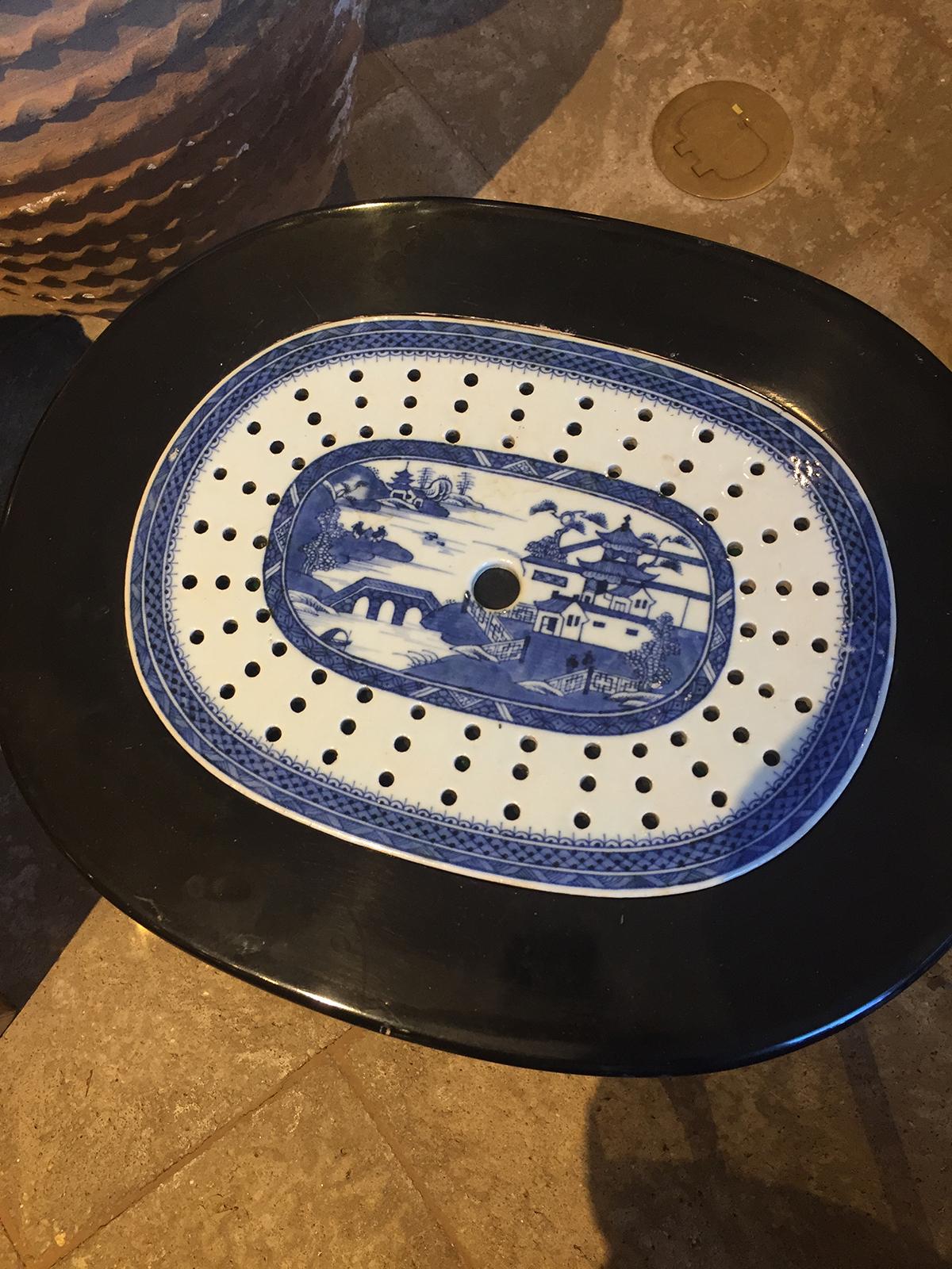 18th Century and Earlier 18th Century Canton Blue & White Porcelain Strainer as Custom Oval Side Table For Sale