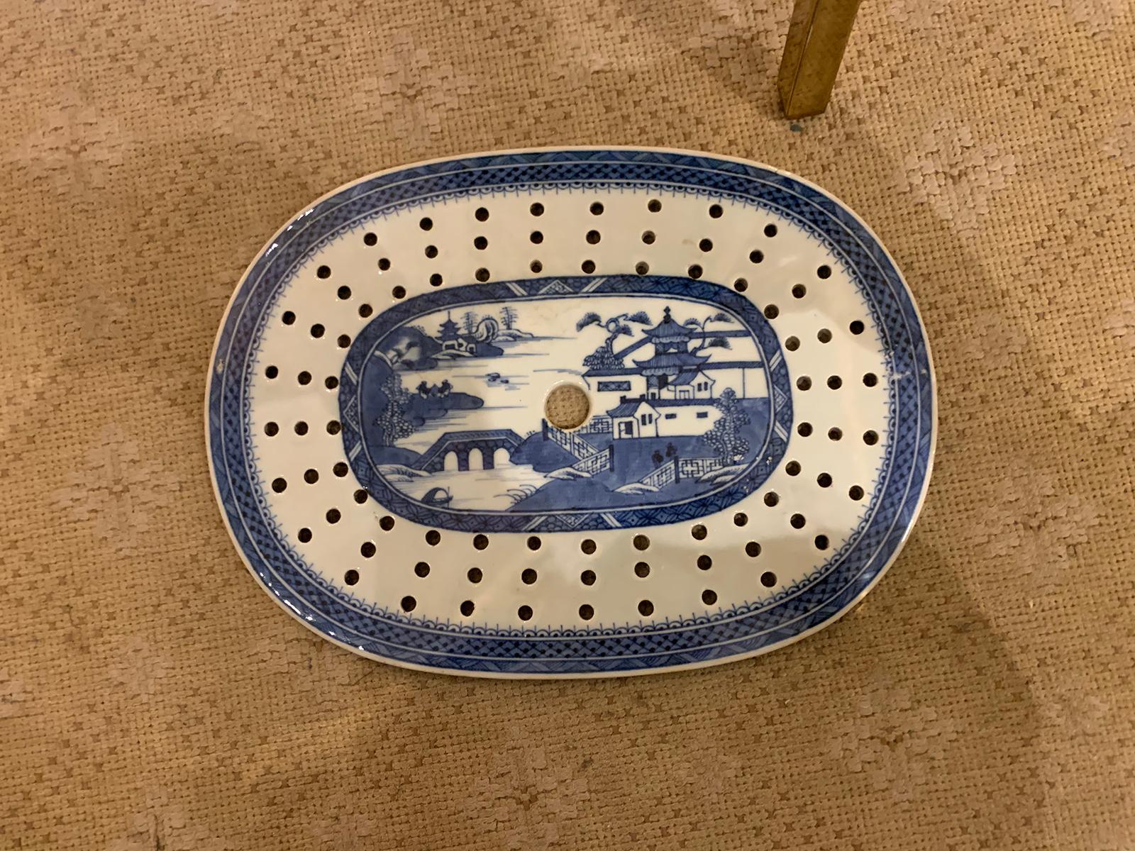 Brass 18th Century Canton Blue & White Porcelain Strainer as Custom Oval Side Table For Sale