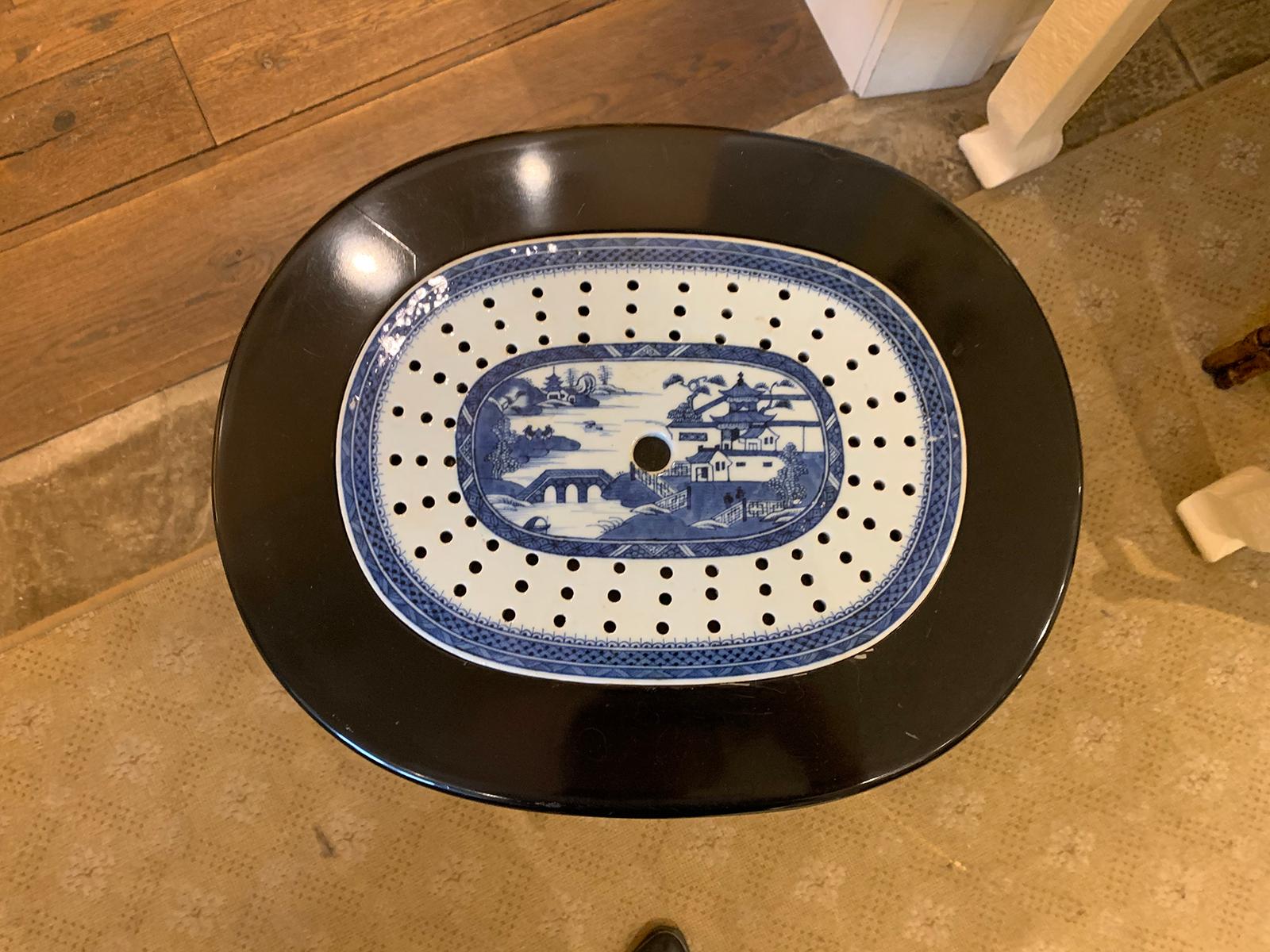18th Century Canton Blue & White Porcelain Strainer as Custom Oval Side Table For Sale 4