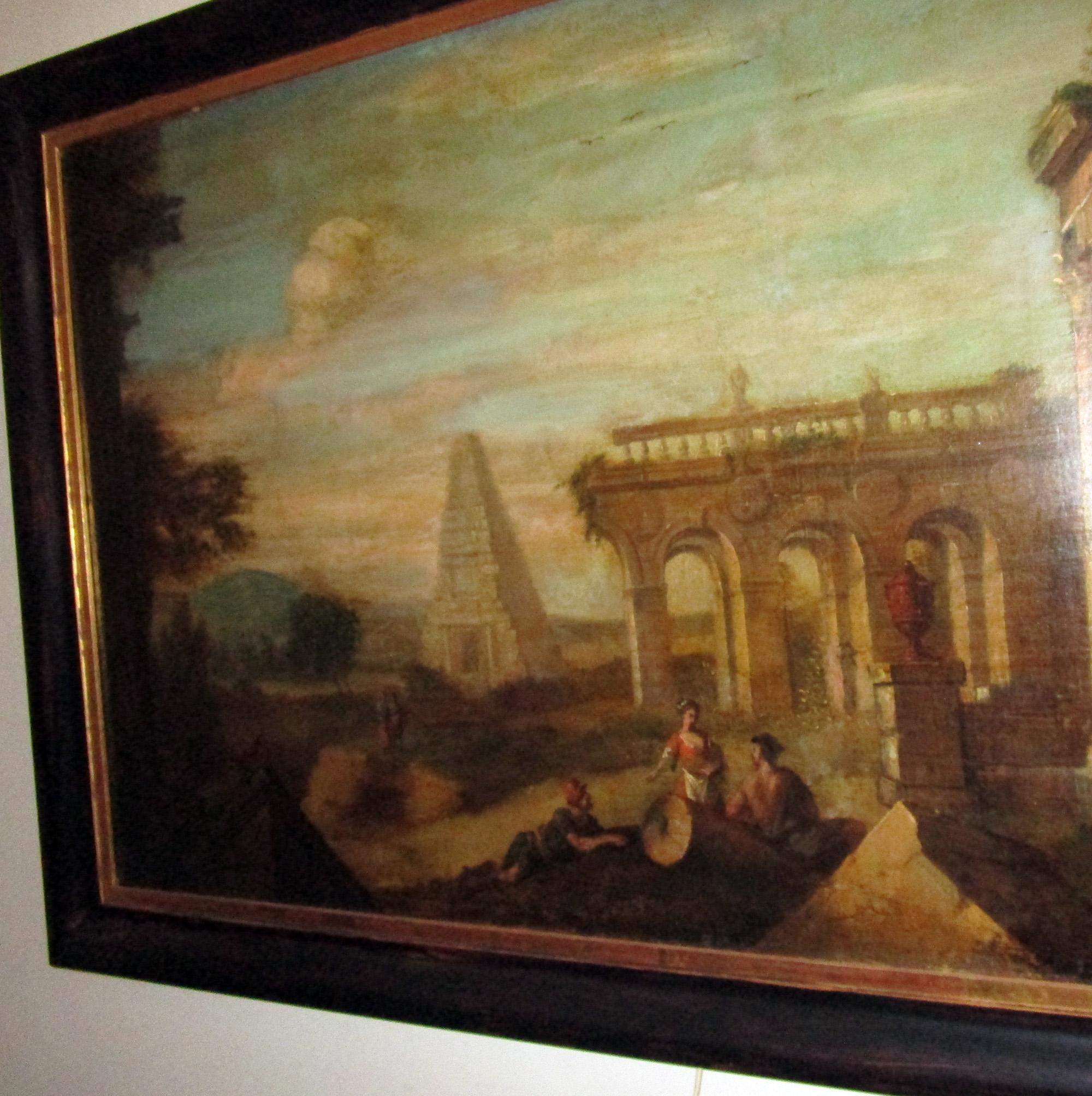 Baroque 18th century Capriccio Italian Architectural Ruins Grand Tour Oil Painting 