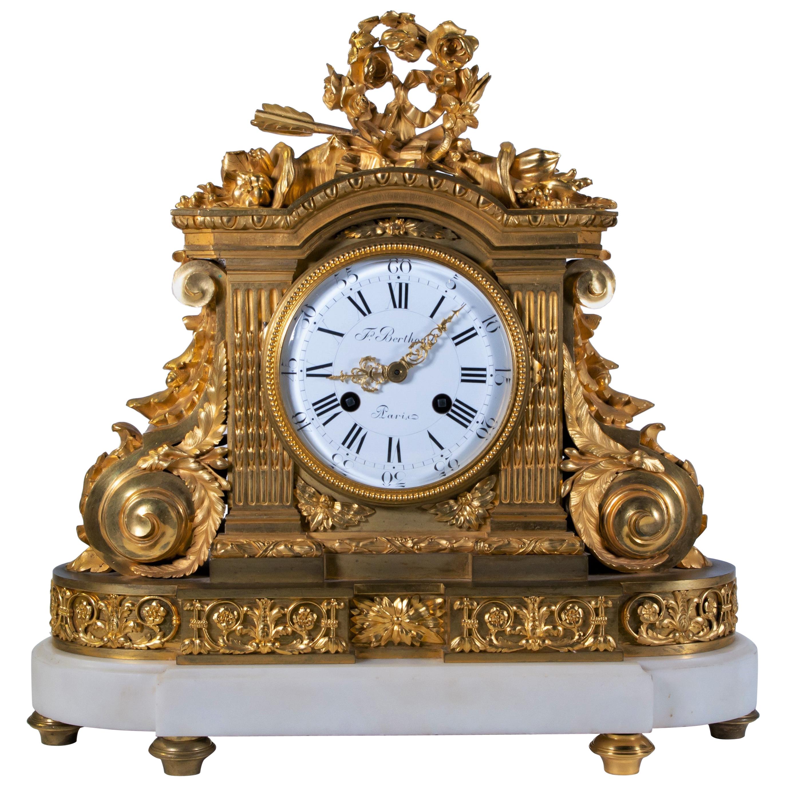 18th Century Carrara Marble and Dore Bronze Mantle Clock, F. Berthoud For Sale