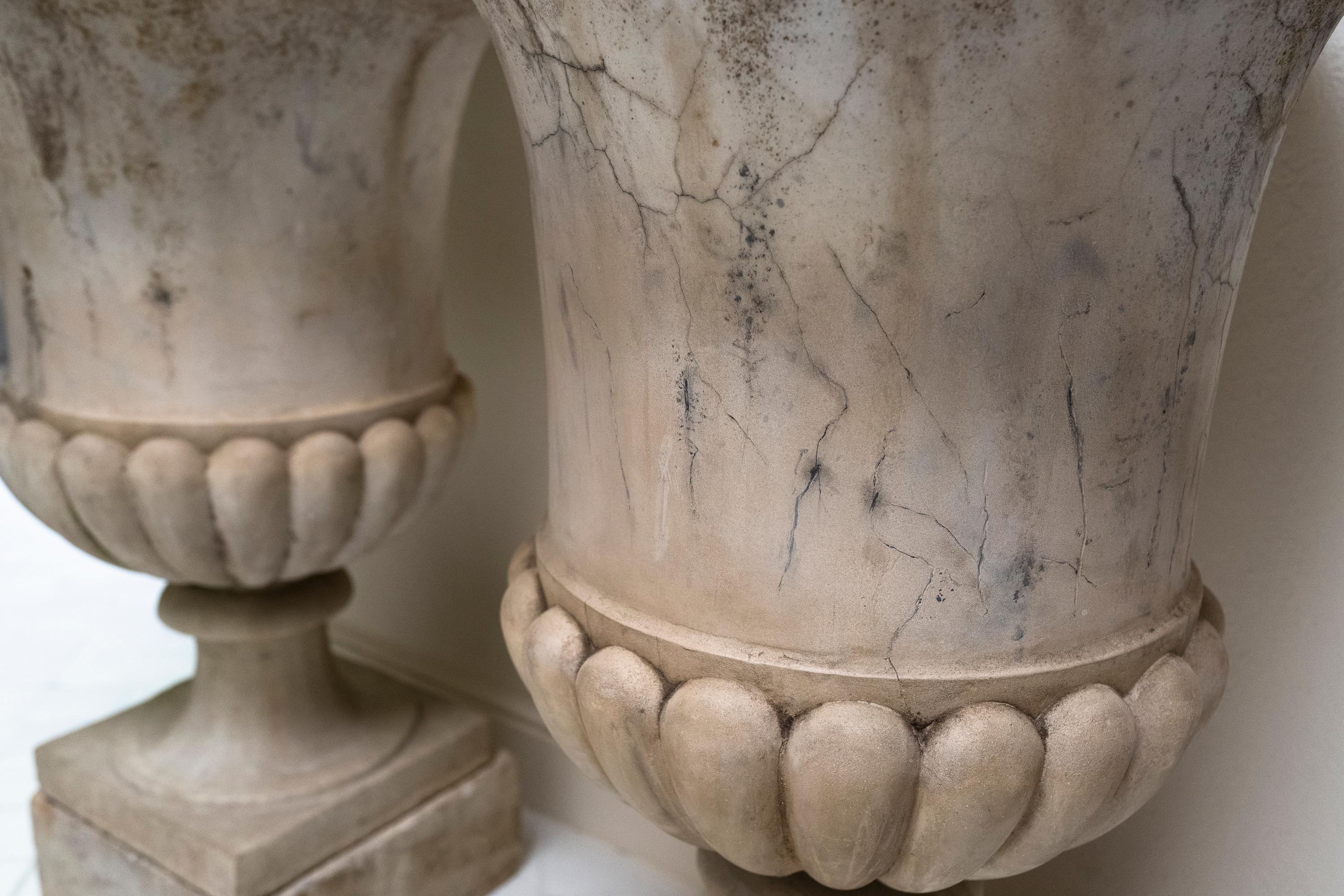Italian 18th Century Carrara Marble Medici Urn Planter with Marble Stand, a Pair For Sale