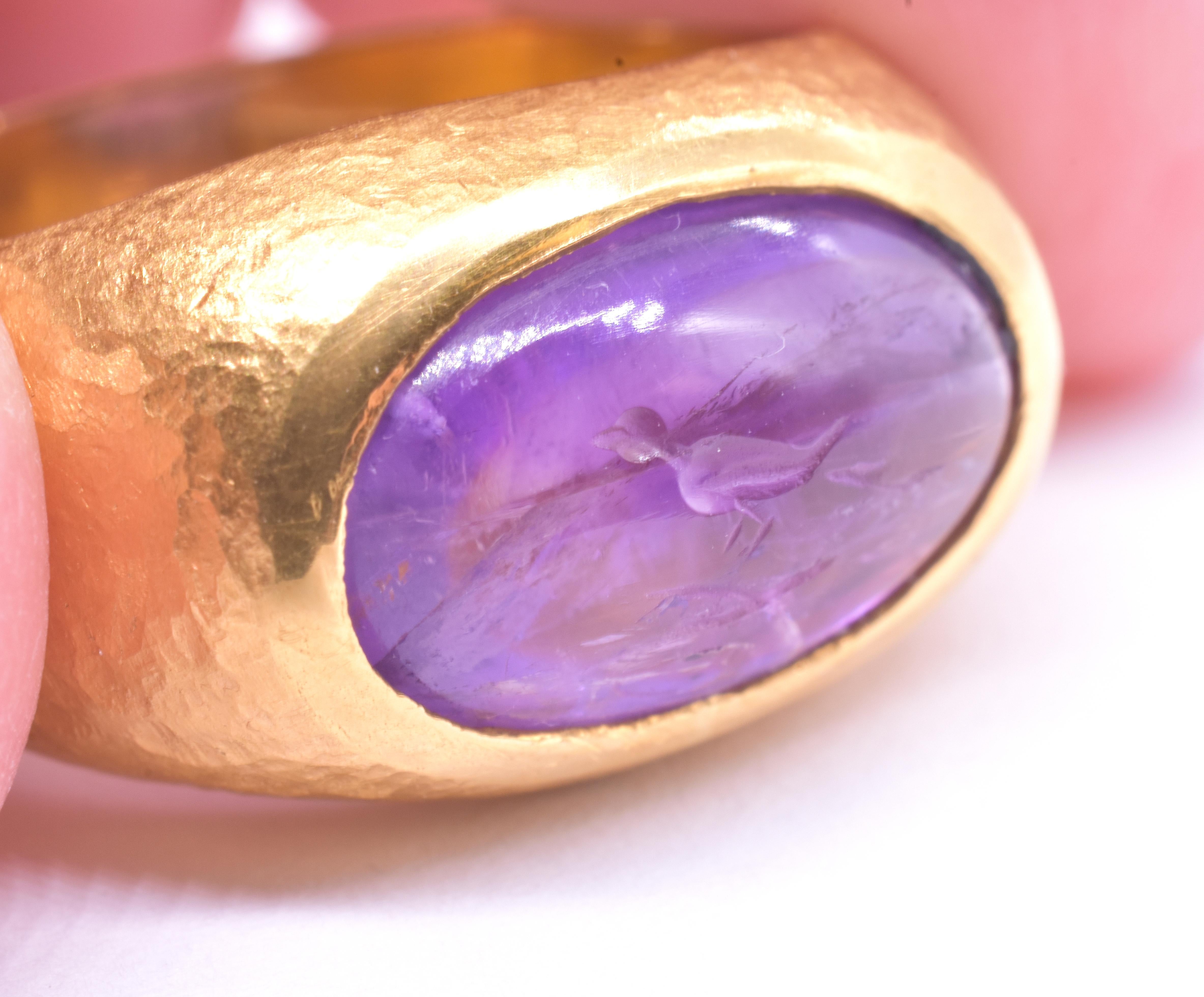 Women's or Men's 18th Century carved amethyst bird intaglio in later 24K mounted Signet Ring
