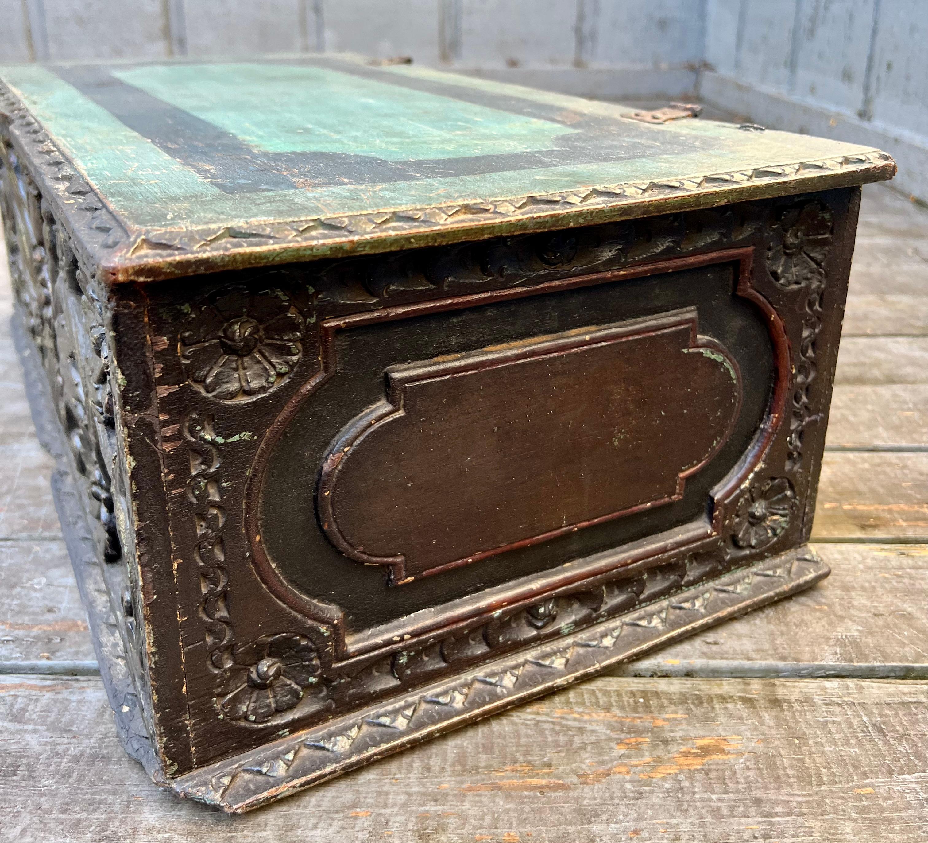 Rococo 18th Century Carved and Ebonised Wood Document Box with Hunt Scene Painting