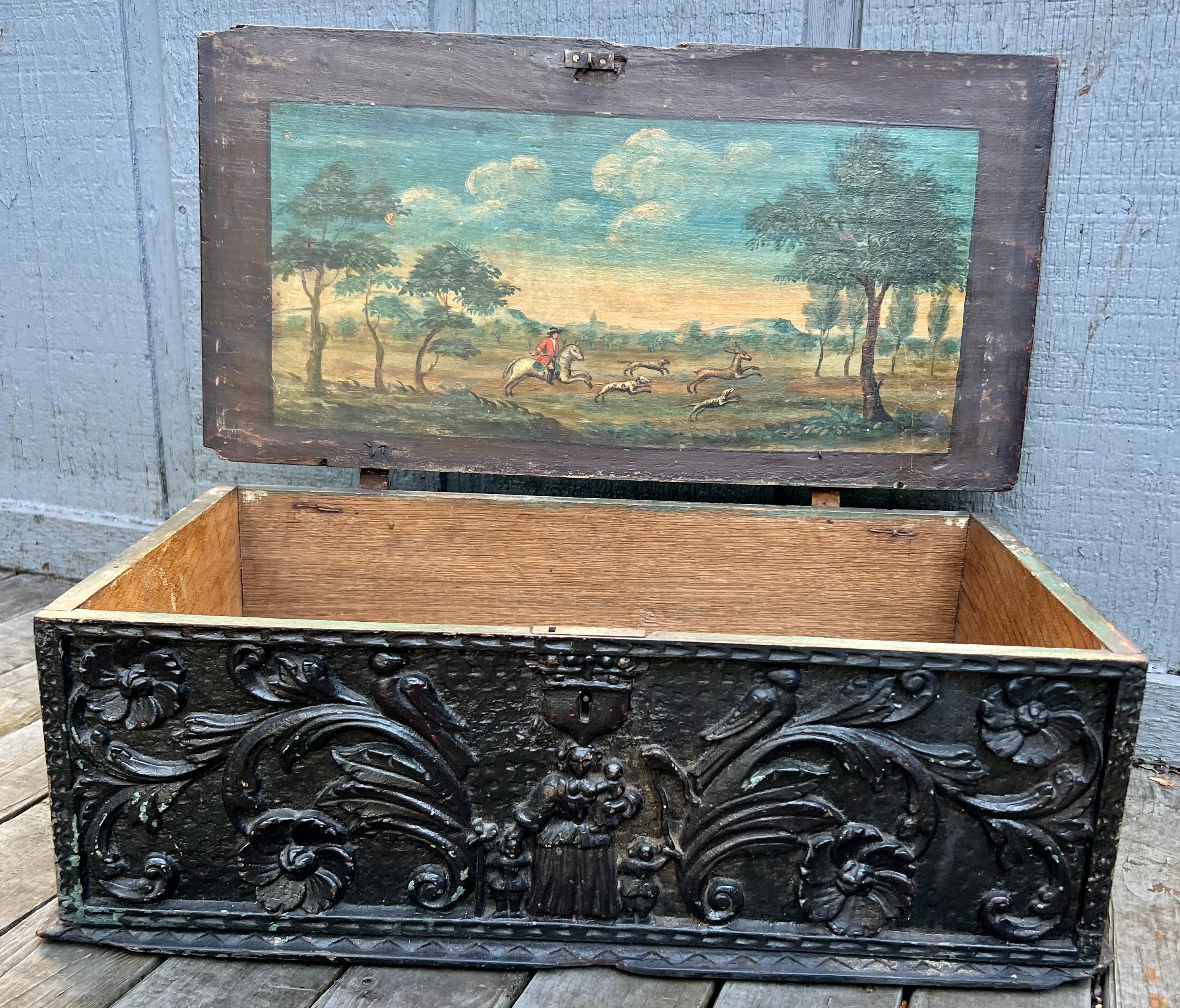 18th Century and Earlier 18th Century Carved and Ebonised Wood Document Box with Hunt Scene Painting