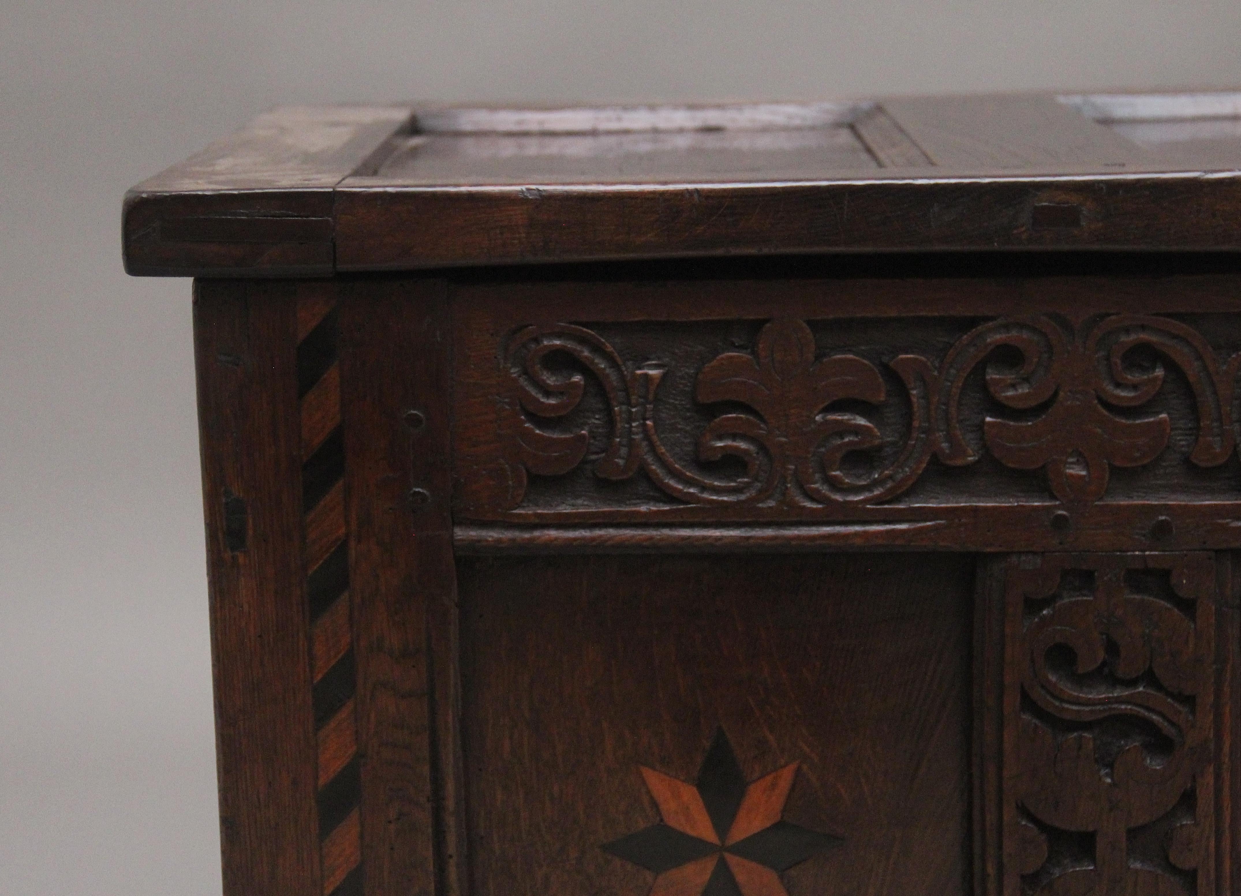 Georgian 18th Century carved and inlaid oak coffer For Sale