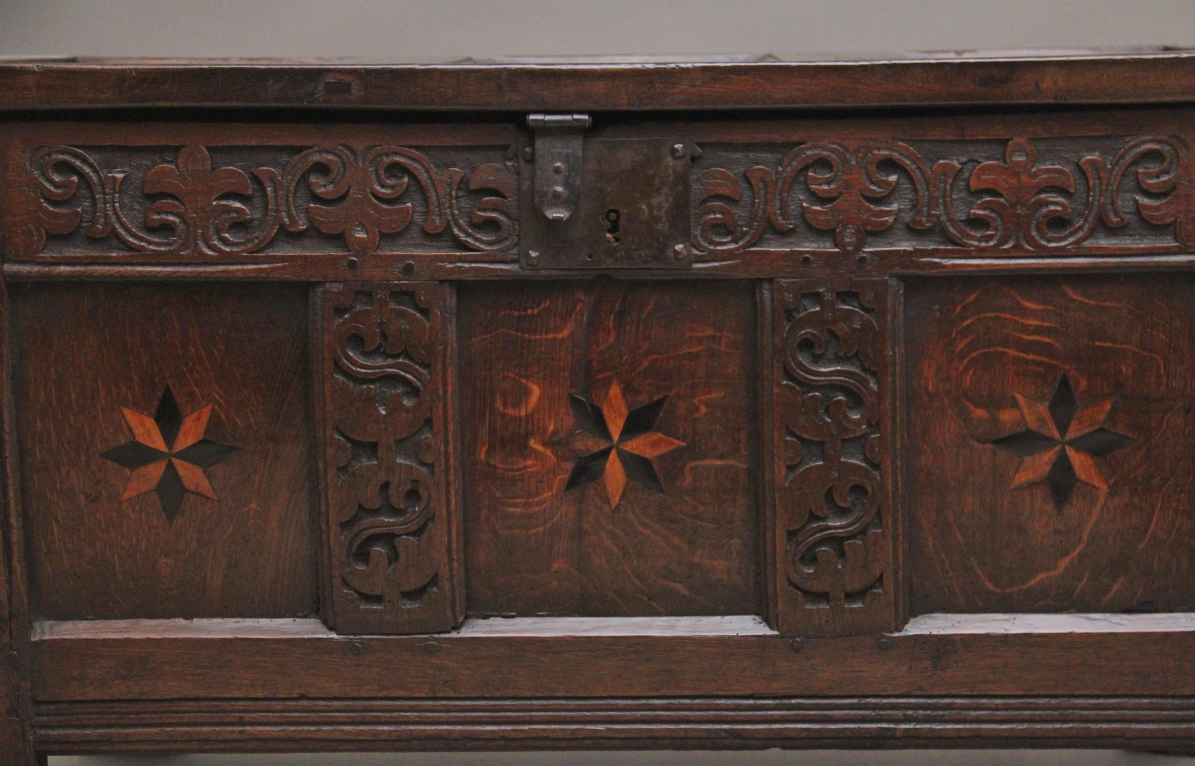 British 18th Century carved and inlaid oak coffer For Sale