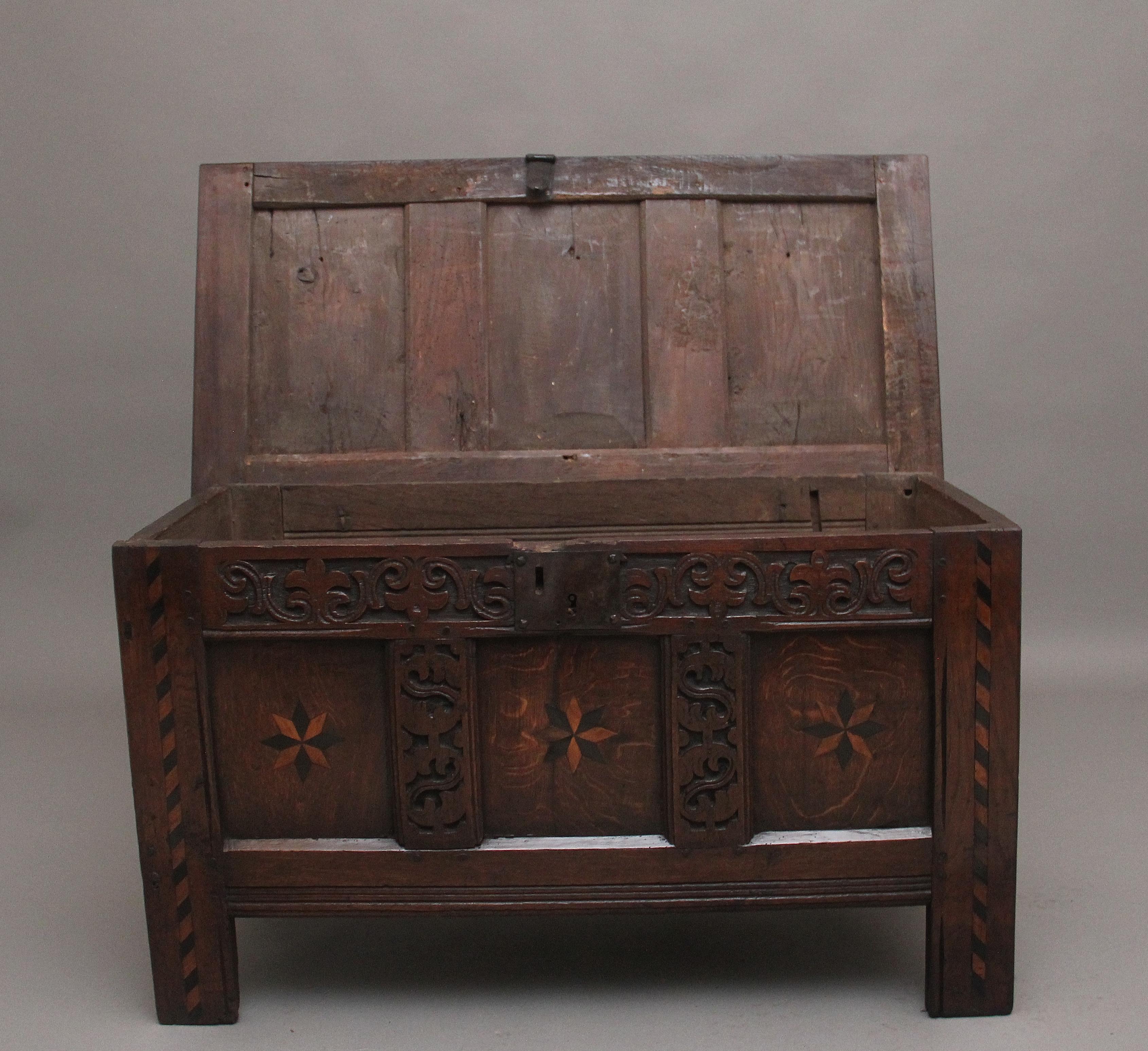 18th Century carved and inlaid oak coffer In Good Condition For Sale In Martlesham, GB