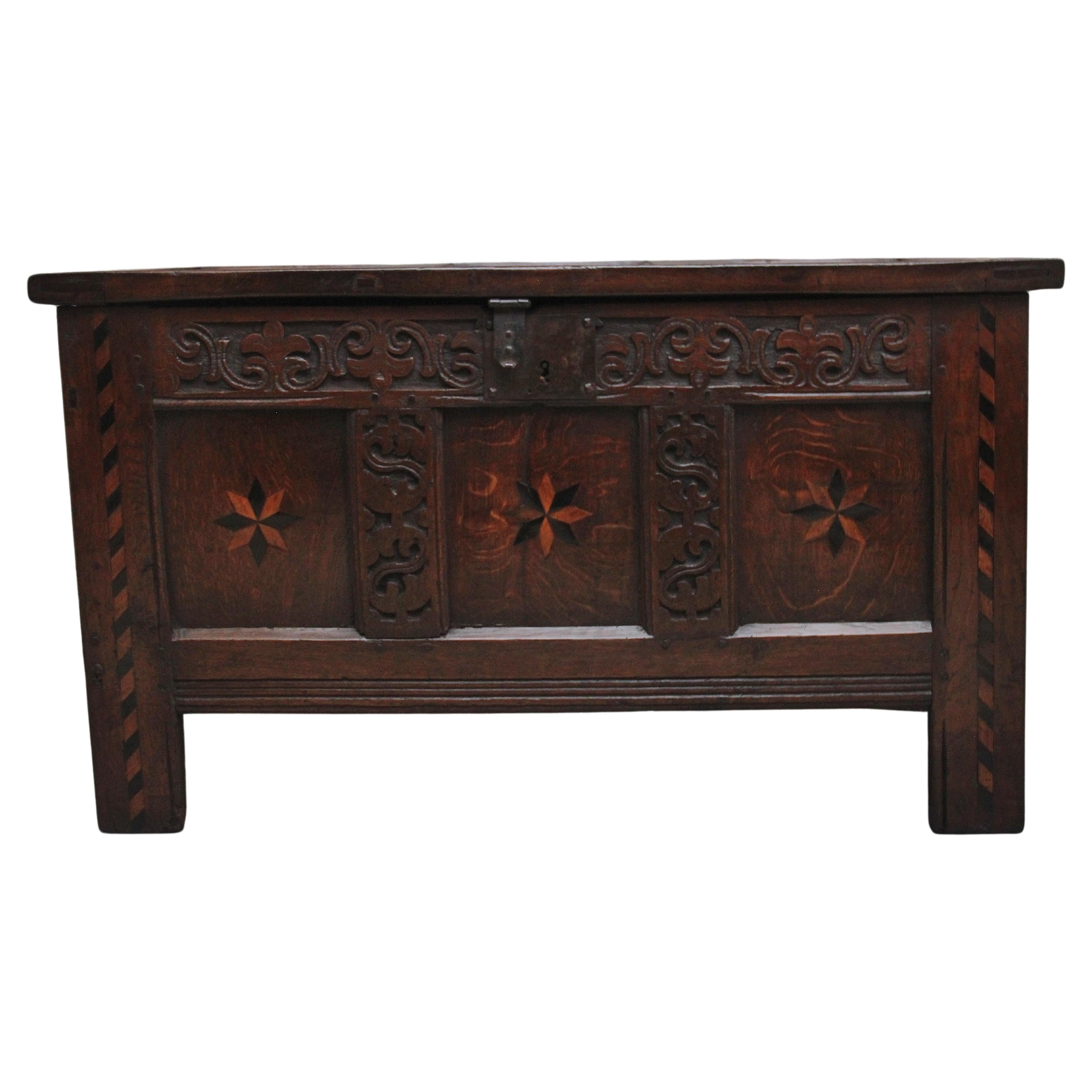 18th Century carved and inlaid oak coffer For Sale