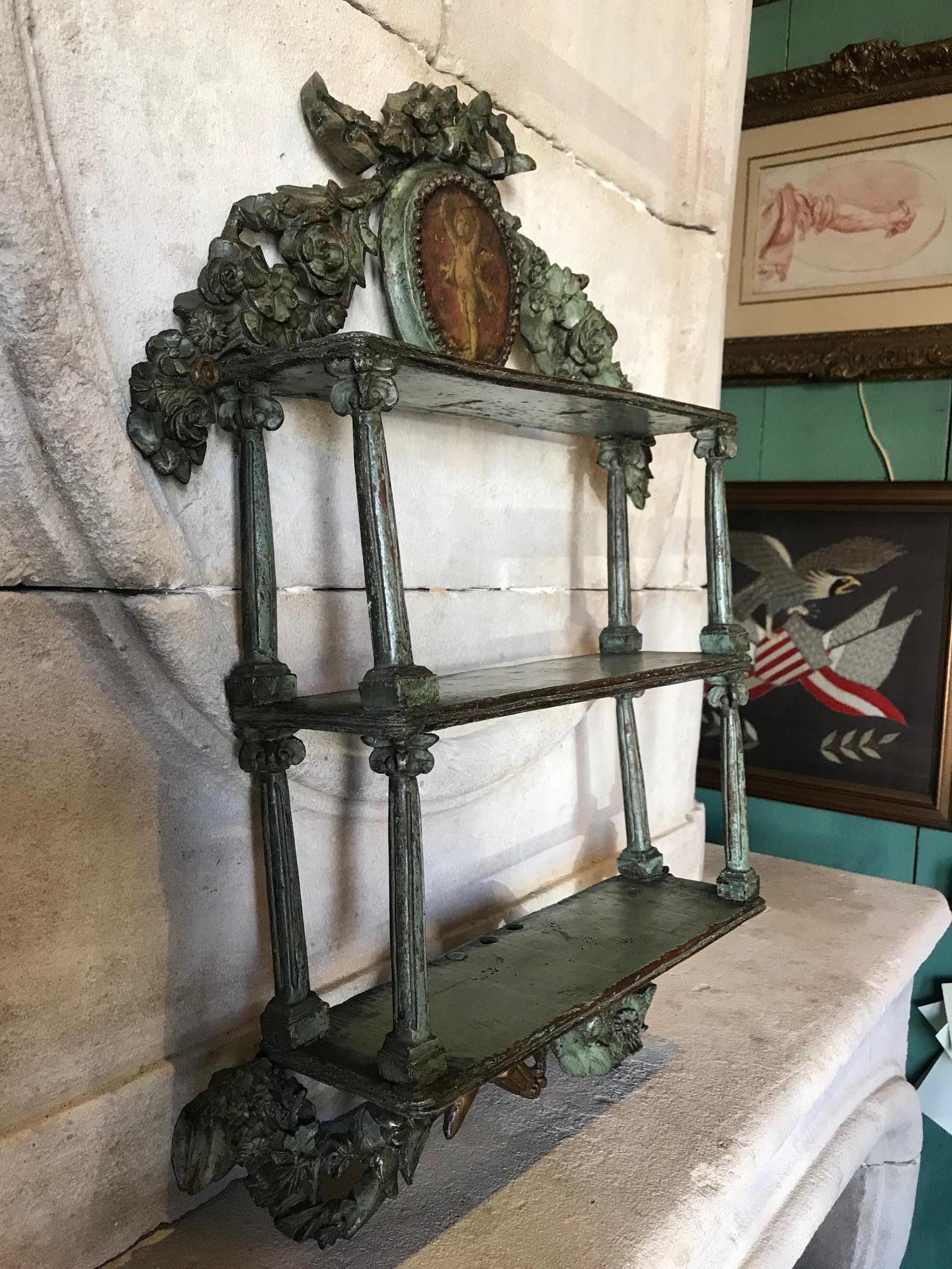 18th Century Carved and Painted Wood Etagere Wall Shelf, Provence In Good Condition In West Hollywood, CA