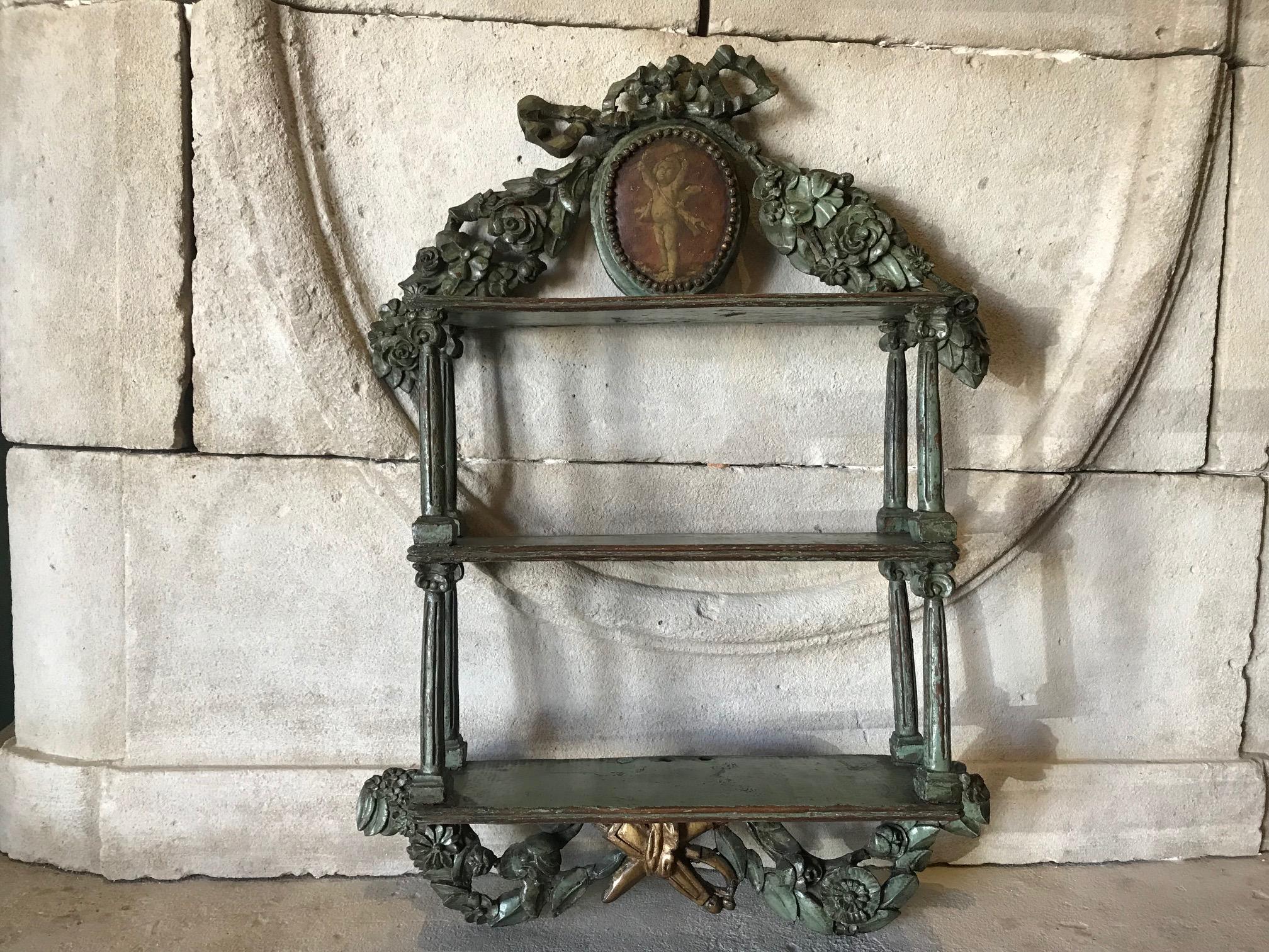 18th Century and Earlier 18th Century Carved and Painted Wood Etagere Wall Shelf, Provence