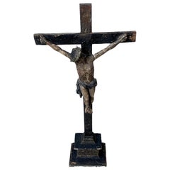 18th Century Carved And Painted Wooden Crucifix From France