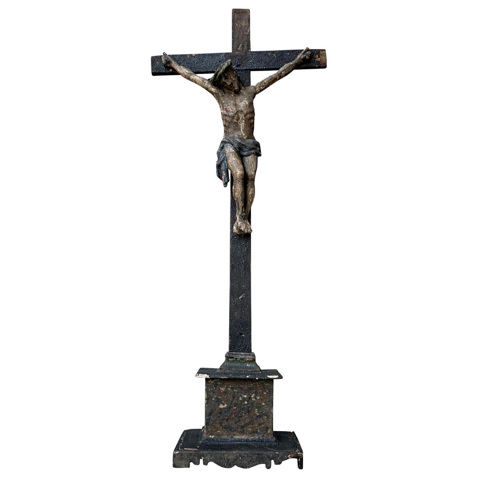 Baroque 18th Century Carved And Painted Wooden Crucifix From France For Sale