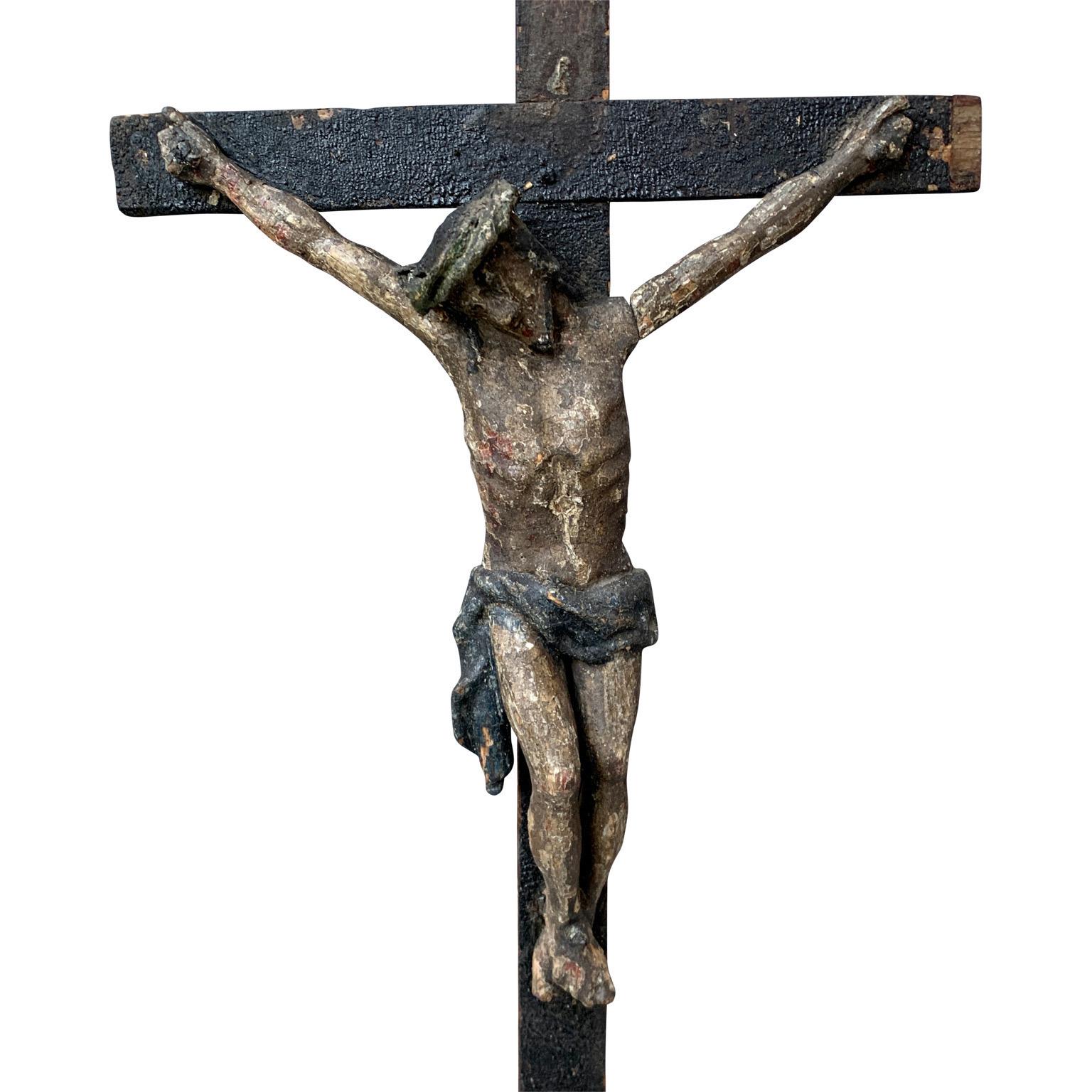French 18th Century Carved And Painted Wooden Crucifix From France For Sale