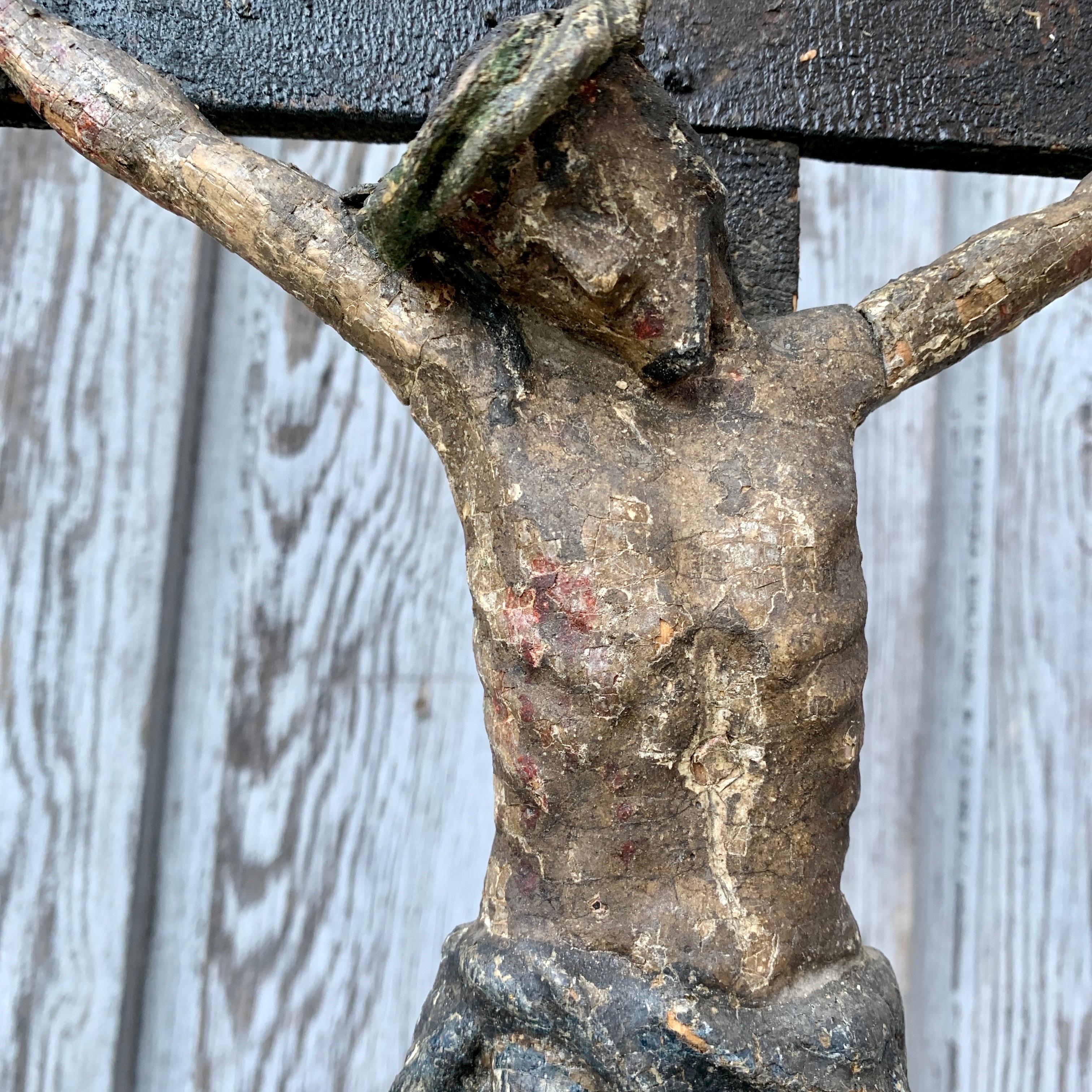 Fruitwood 18th Century Carved And Painted Wooden Crucifix From France For Sale