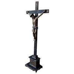 Antique 18th Century Carved And Painted Wooden Crucifix From France