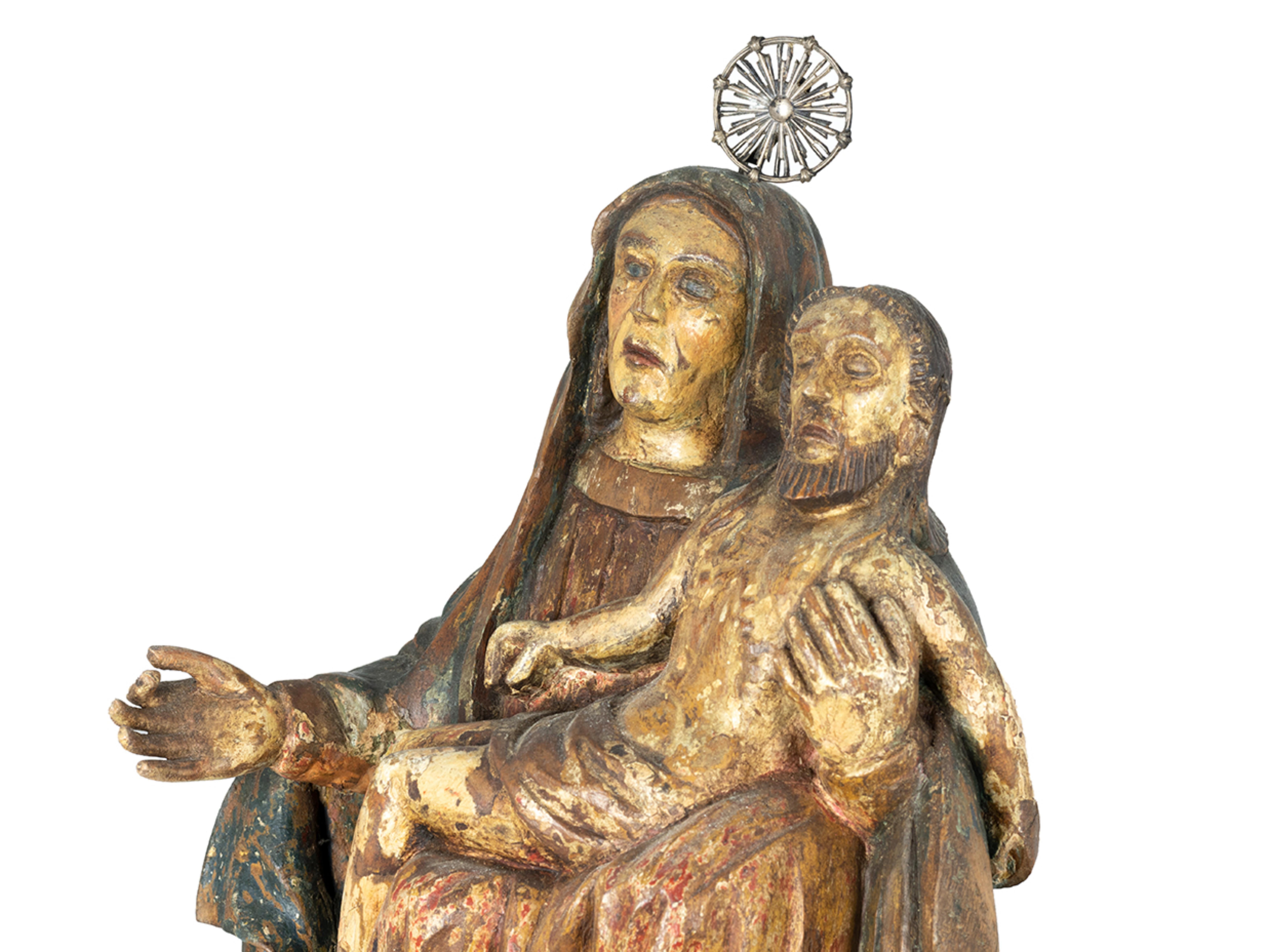 Sculpté à la main Statue « Virgin of Mercy » sculptée et polychrome du 18e siècle, style baroque en vente