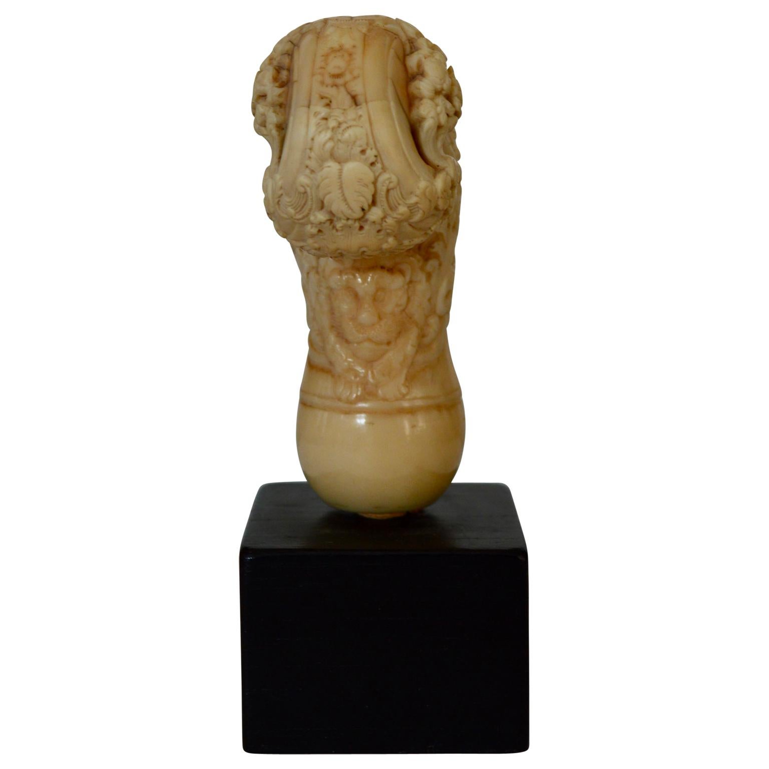Rococo 18th Century Carved Bone Walking Stick Head On Ebony Base For Sale