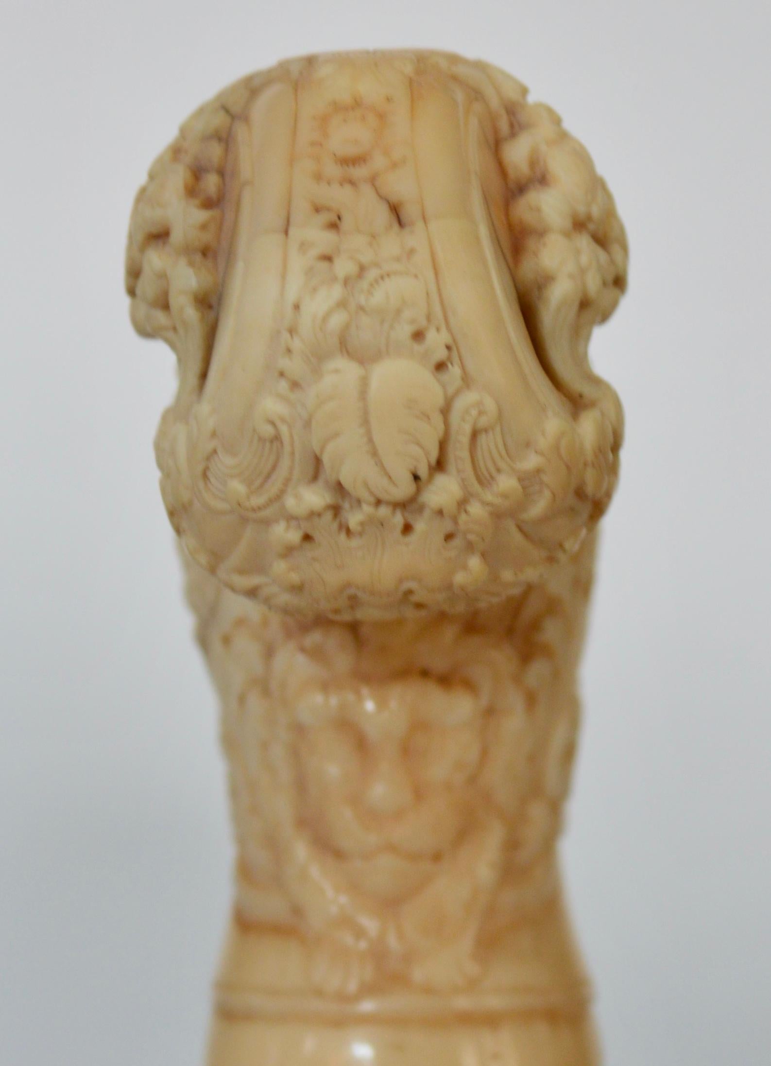 18th Century Carved Bone Walking Stick Head On Ebony Base For Sale 1