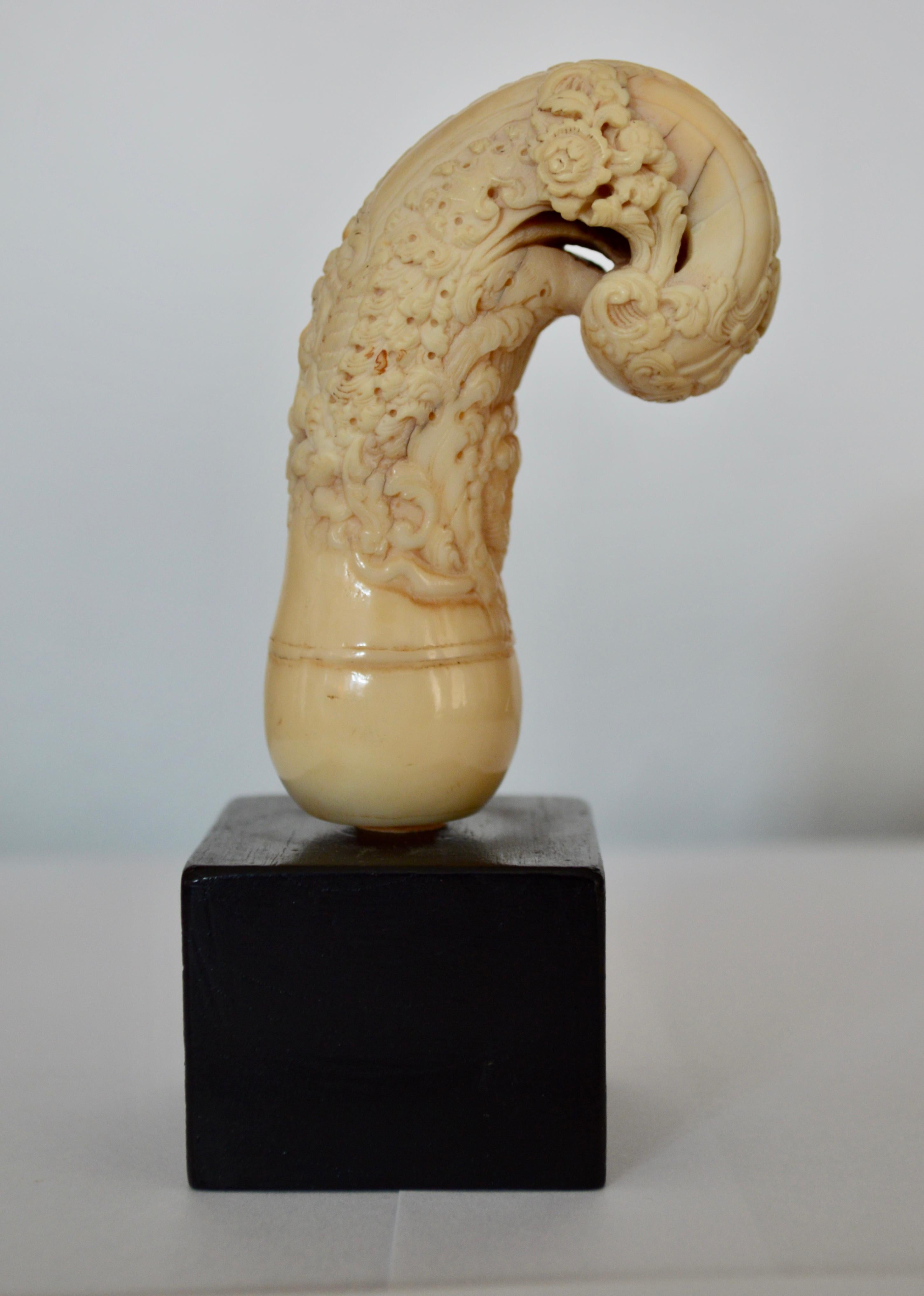 18th Century Carved Bone Walking Stick Head On Ebony Base For Sale 2