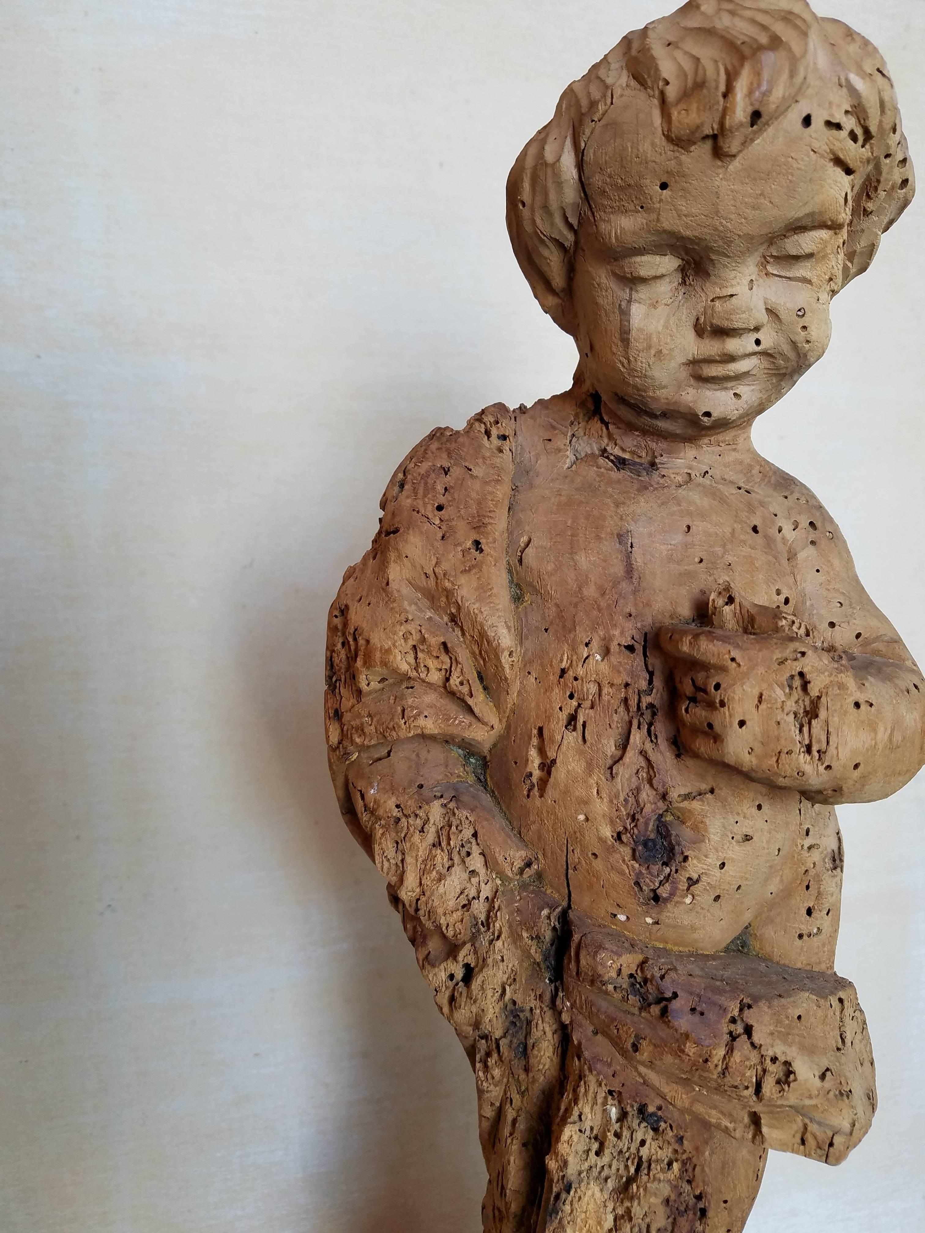 French Provincial 18th Century Carved French Child Statue on Polychrome and Gilt Plinth