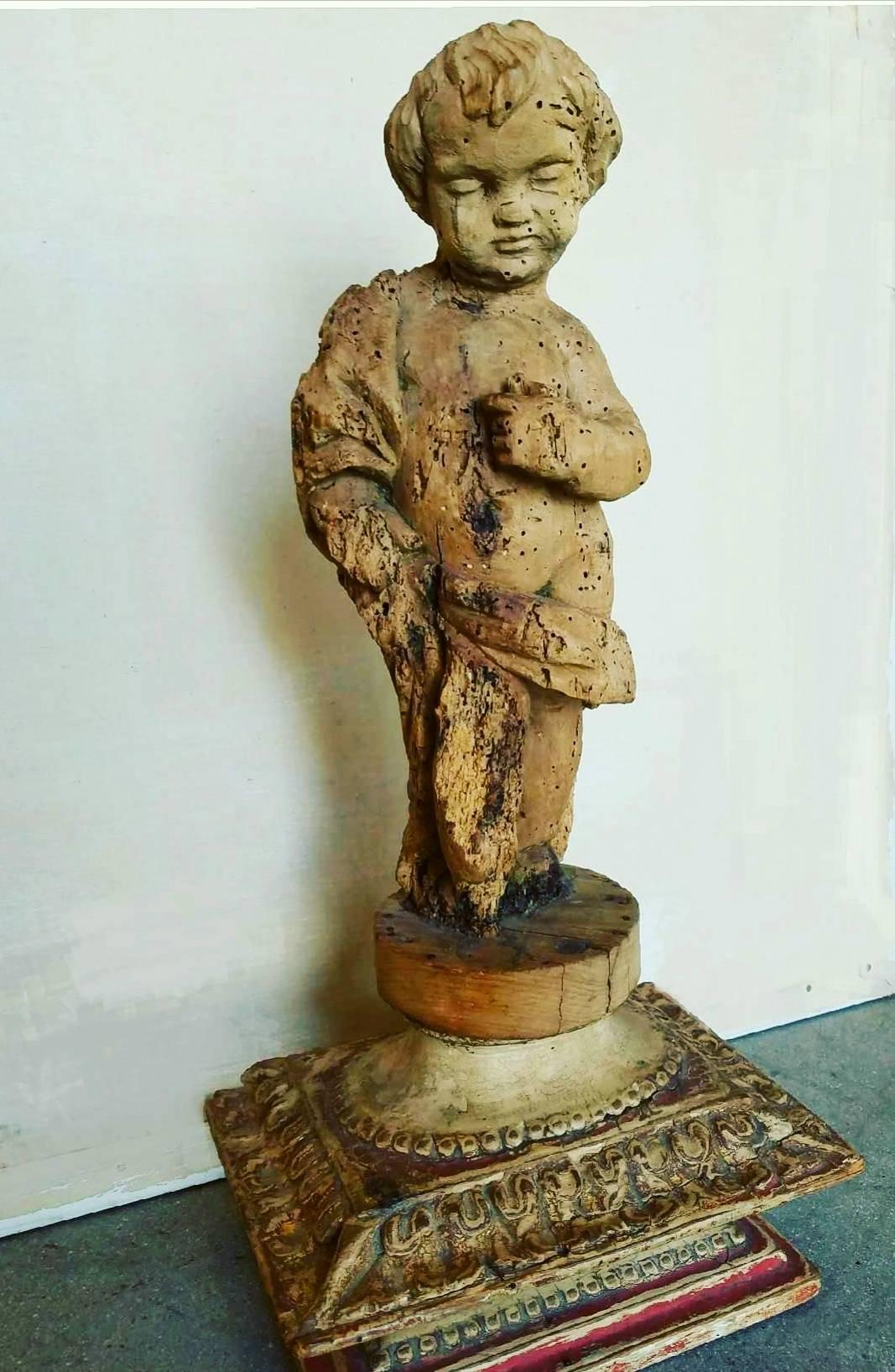 Hand-Carved 18th Century Carved French Child Statue on Polychrome and Gilt Plinth