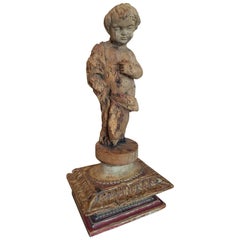 18th Century Carved French Child Statue on Polychrome and Gilt Plinth