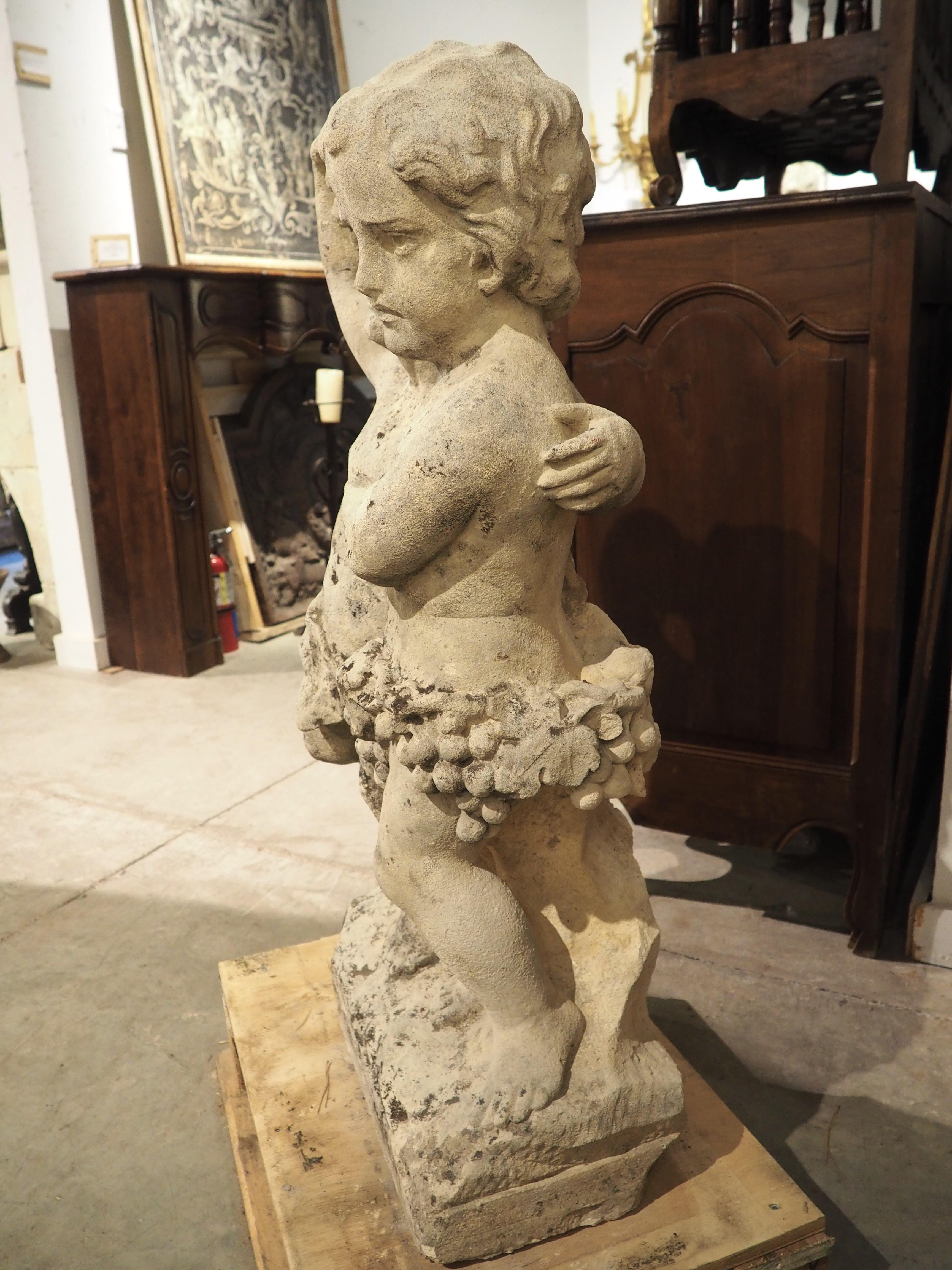 Recently discovered on a property in Nice, France, this hand-carved sculpture depicts two bacchanalian cherubs. The limestone carving, measuring over 37 inches tall and dating to the 1700s, shows a playful duo huddling together, arms wrapped around