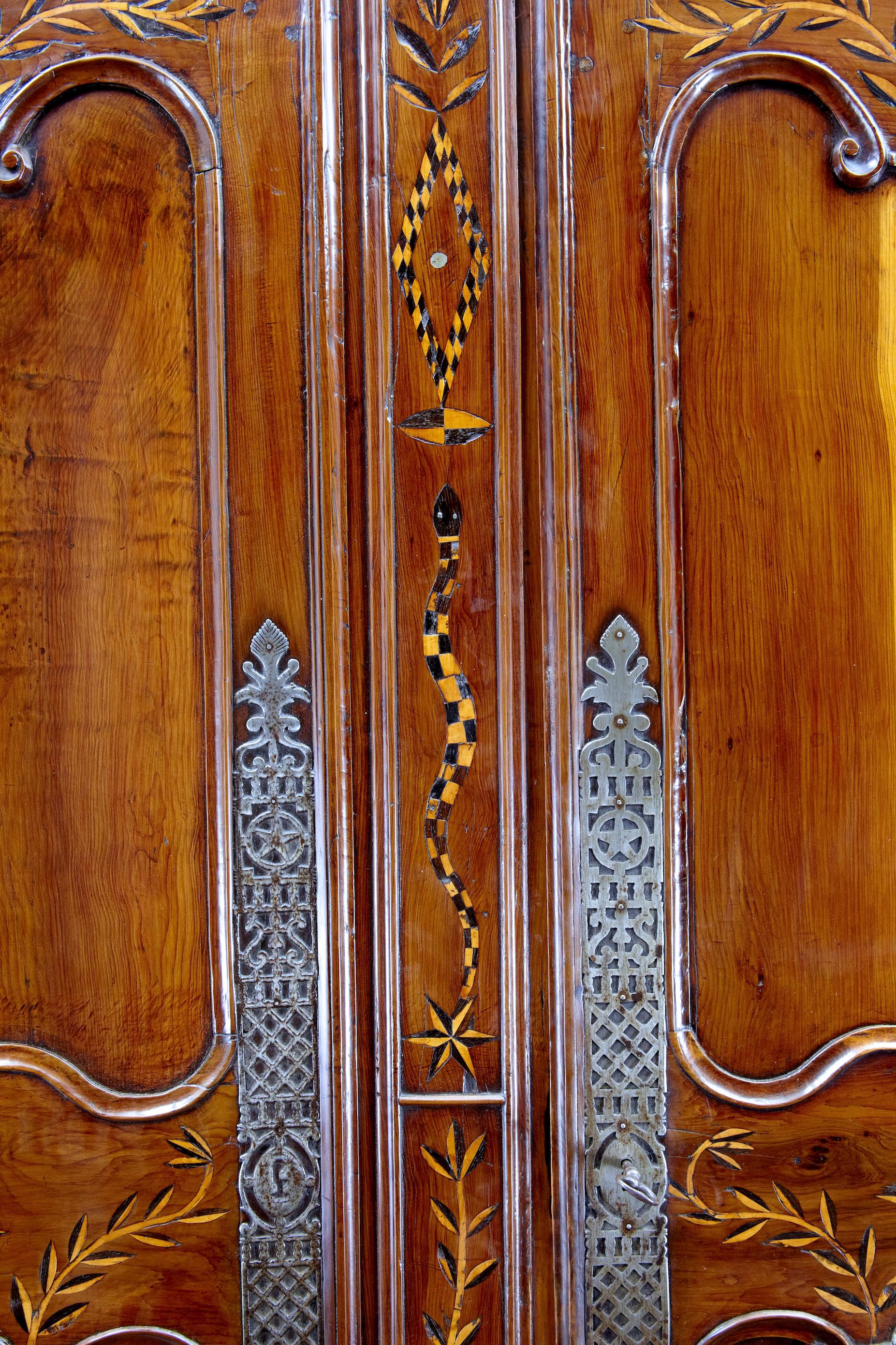 Inlay 18th Century Carved French Yew Wood and Chestnut Armoire For Sale