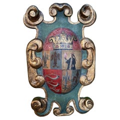 18th Century Carved Gilt & Polychromed Armorial Coat of Arms Cartouche Plaque