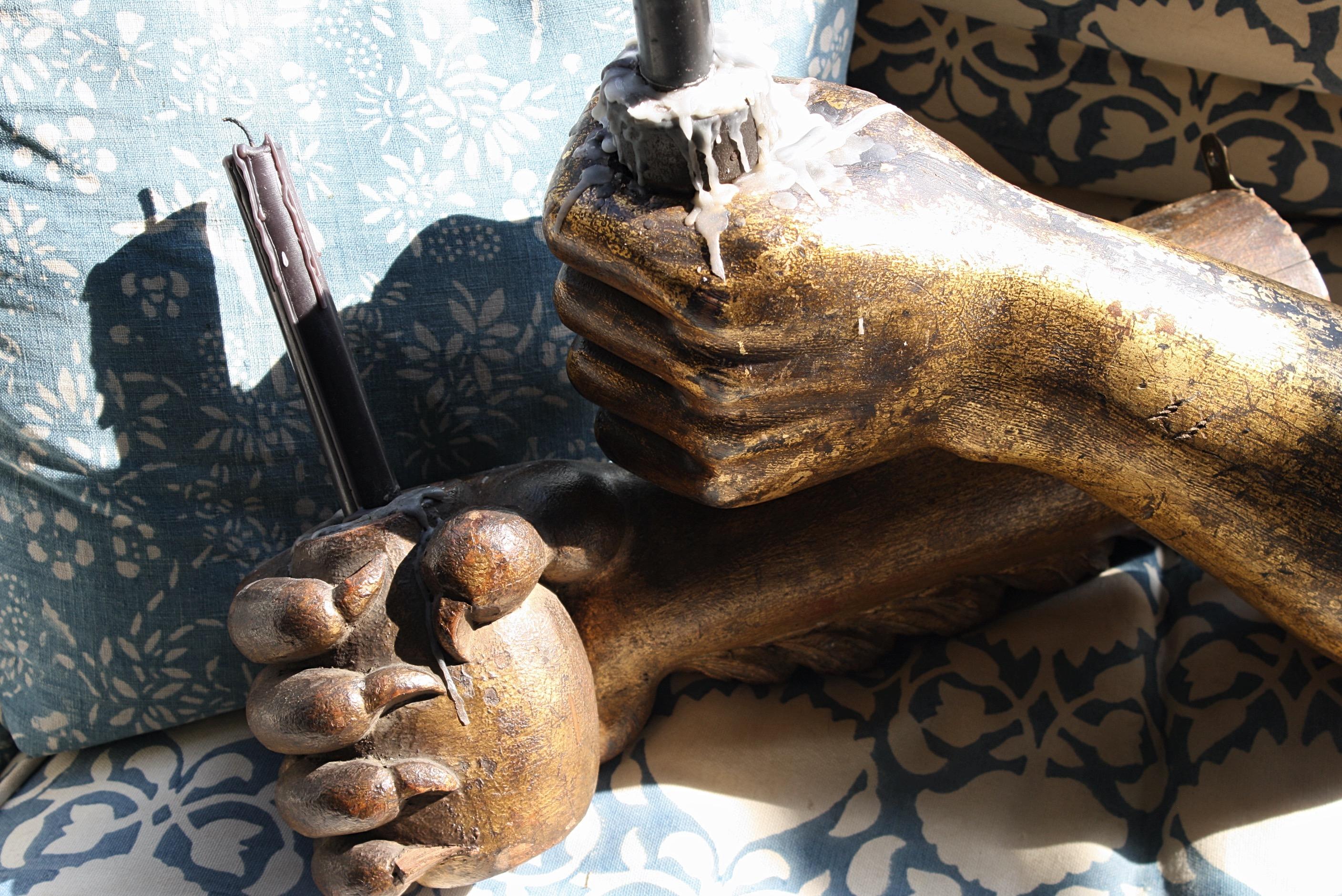 18th Century, Carved & Gilt Wall Sconces Lion Paw, Human Fist Ship Flag Mount  For Sale 1